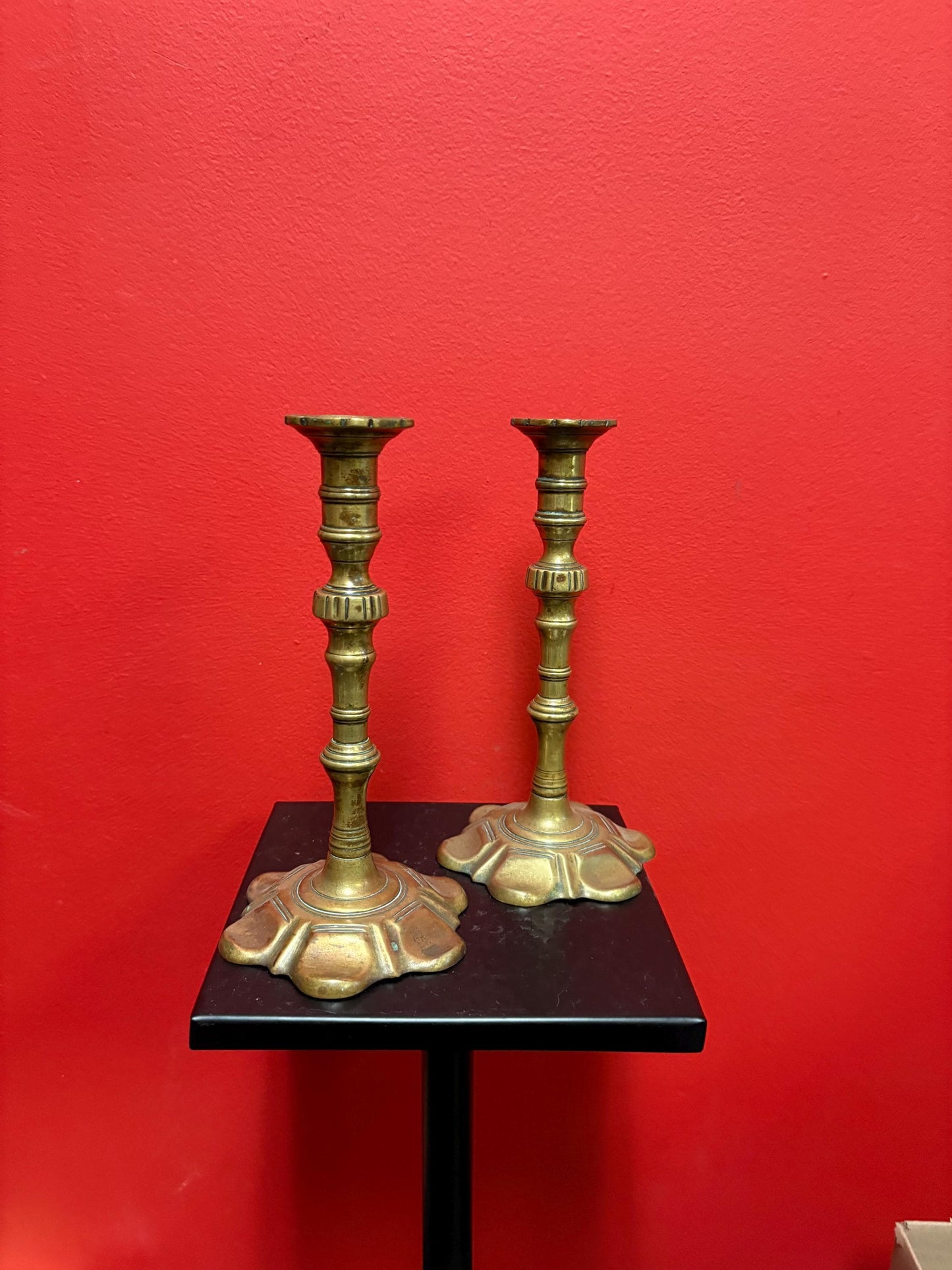 Pair of beautiful brass Georgian candlesticks 18 century with beautiful design rare 10 inches high - B