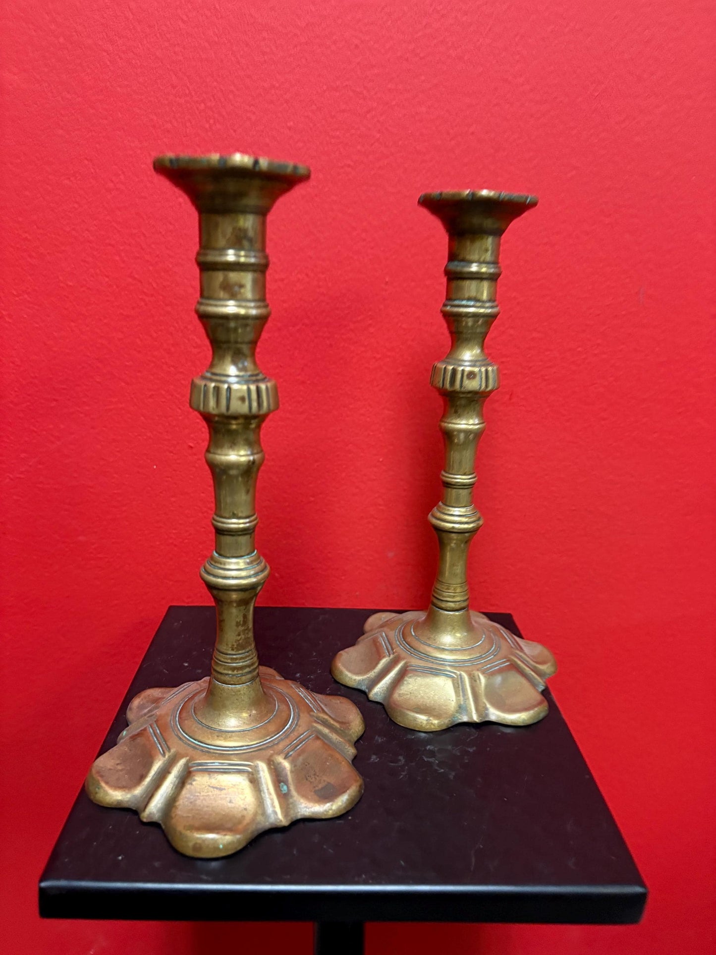 Pair of beautiful brass Georgian candlesticks 18 century with beautiful design rare 10 inches high - B