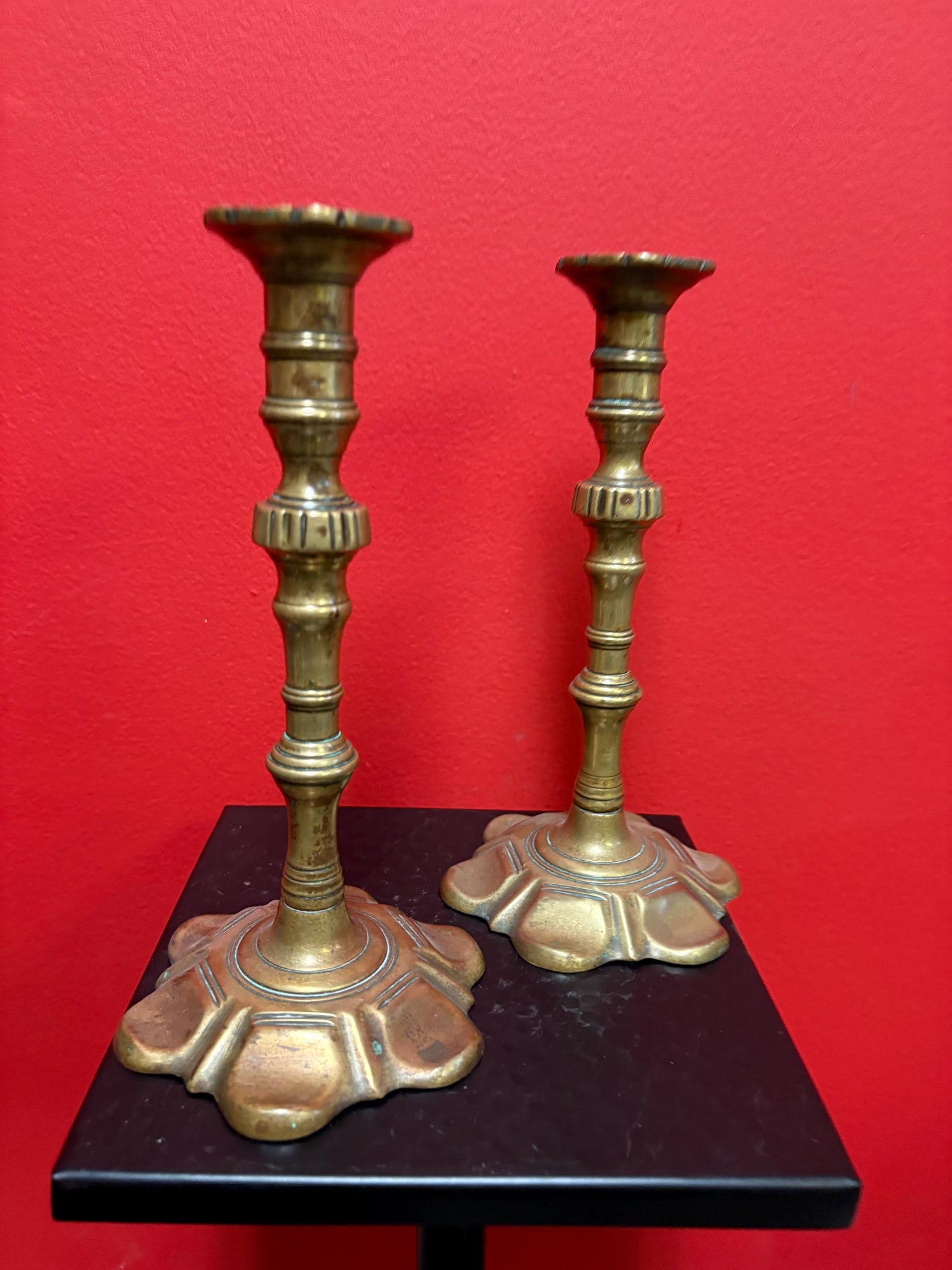 Pair of beautiful brass Georgian candlesticks 18 century with beautiful design rare 10 inches high - B