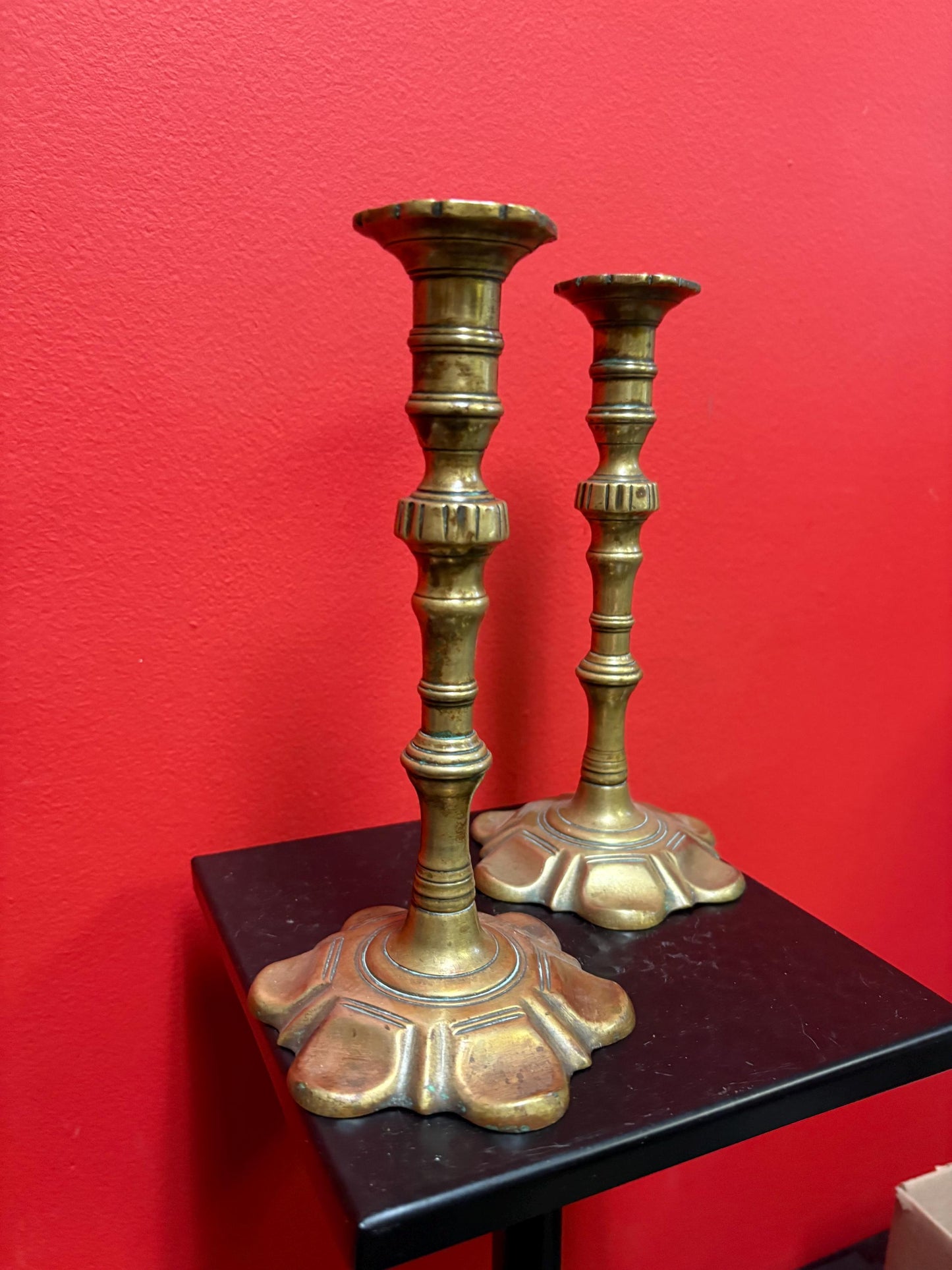 Pair of beautiful brass Georgian candlesticks 18 century with beautiful design rare 10 inches high - B