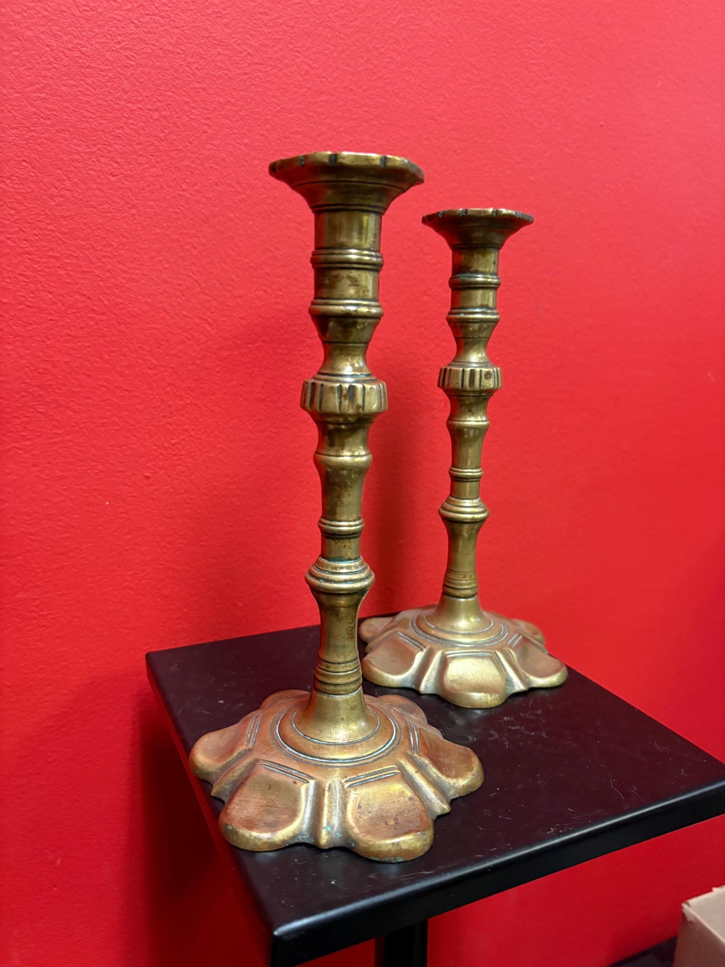 Pair of beautiful brass Georgian candlesticks 18 century with beautiful design rare 10 inches high - B