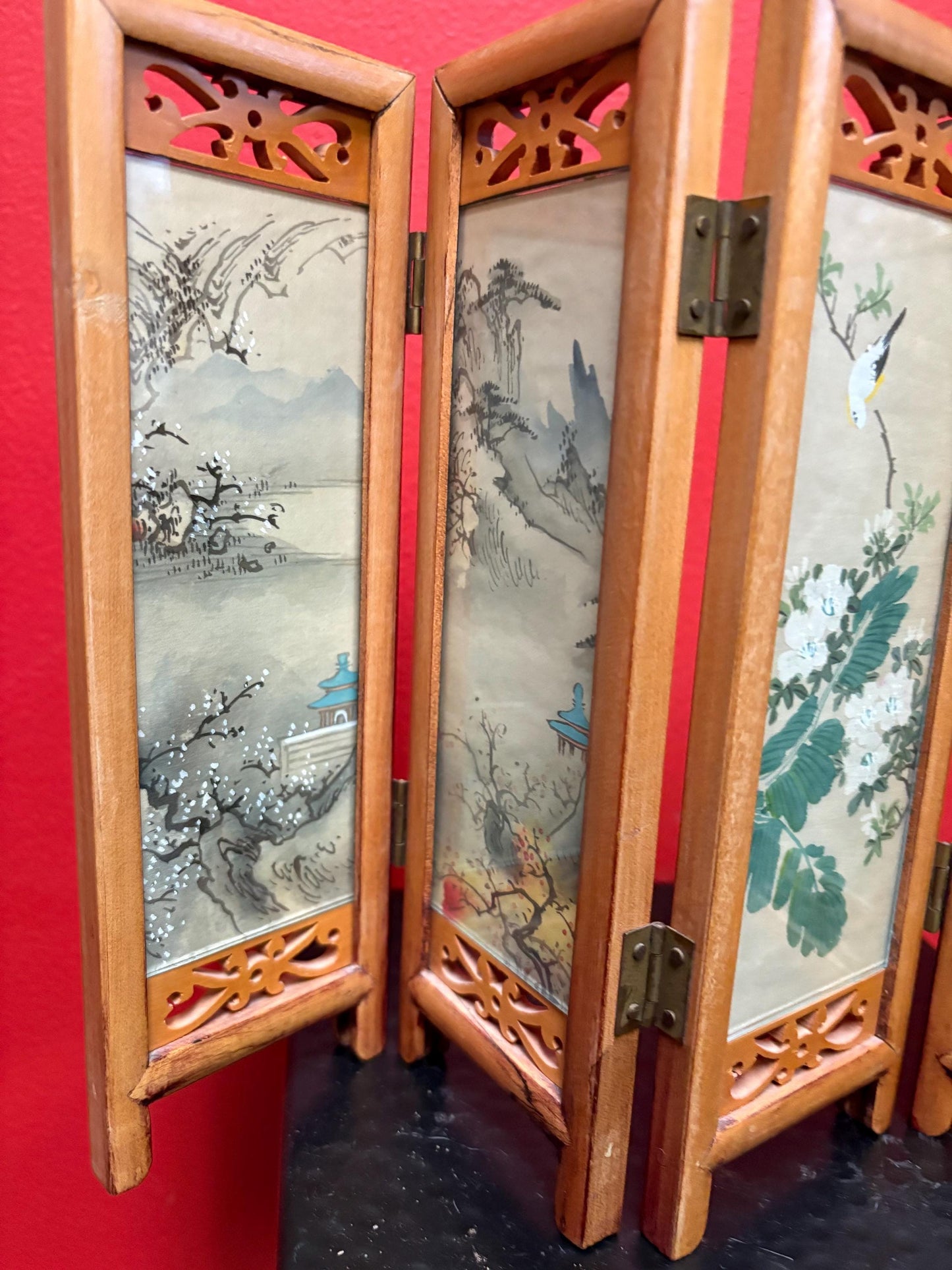 Lovely Chinese 11 x 8.5 inch tall painted and wooden antique screen B