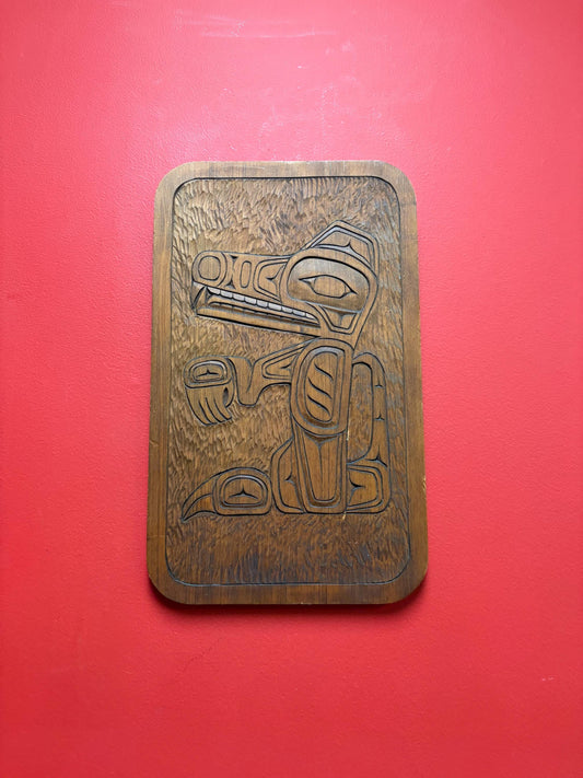 Cool Indigenous First Nations pacific north west 13 x 11 inch cedar plaque  signed  Haida wolf  great detail and quality  ready to hang