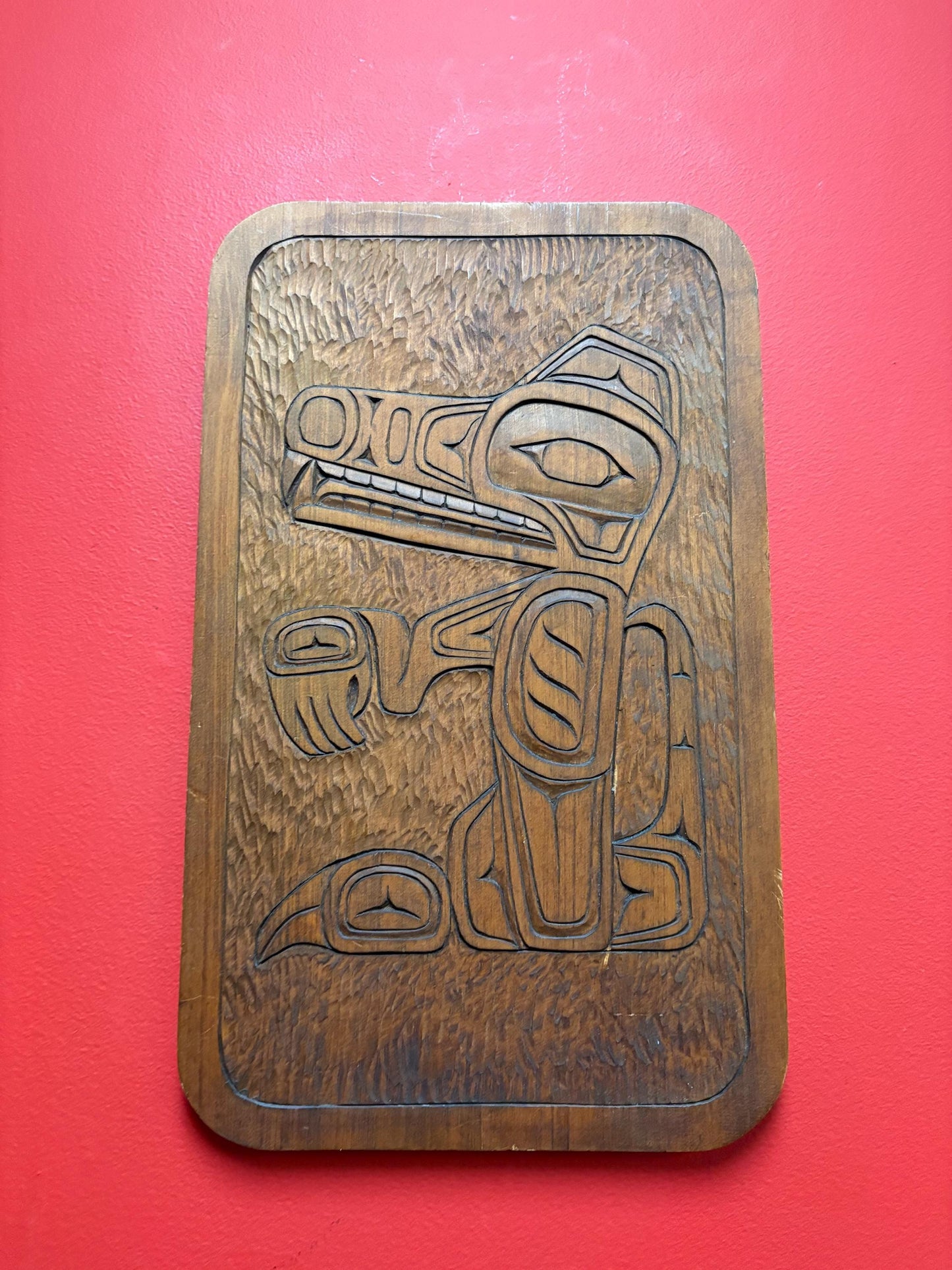 Cool Indigenous First Nations pacific north west 13 x 11 inch cedar plaque  signed  Haida wolf  great detail and quality  ready to hang