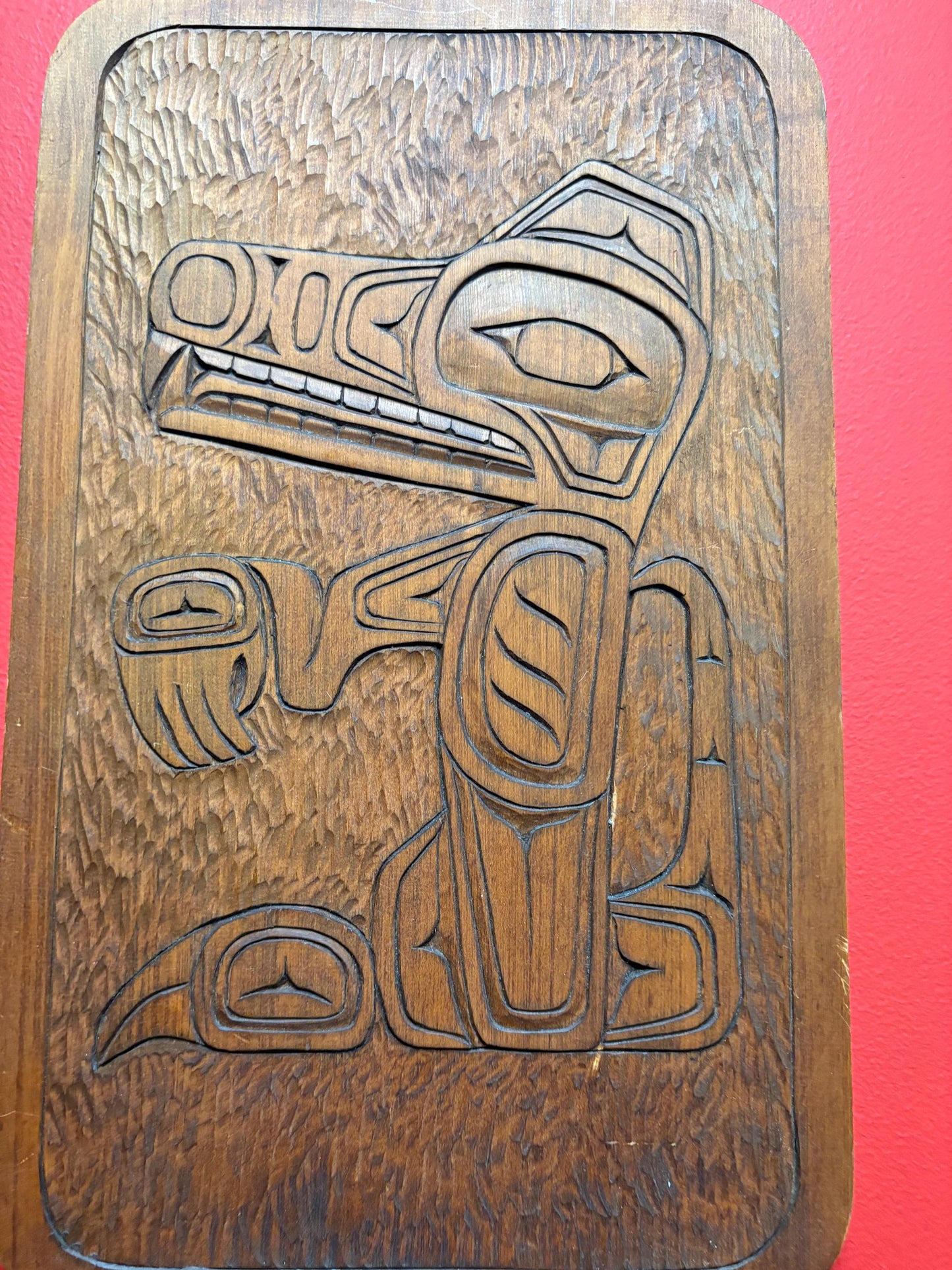 Cool Indigenous First Nations pacific north west 13 x 11 inch cedar plaque  signed  Haida wolf  great detail and quality  ready to hang