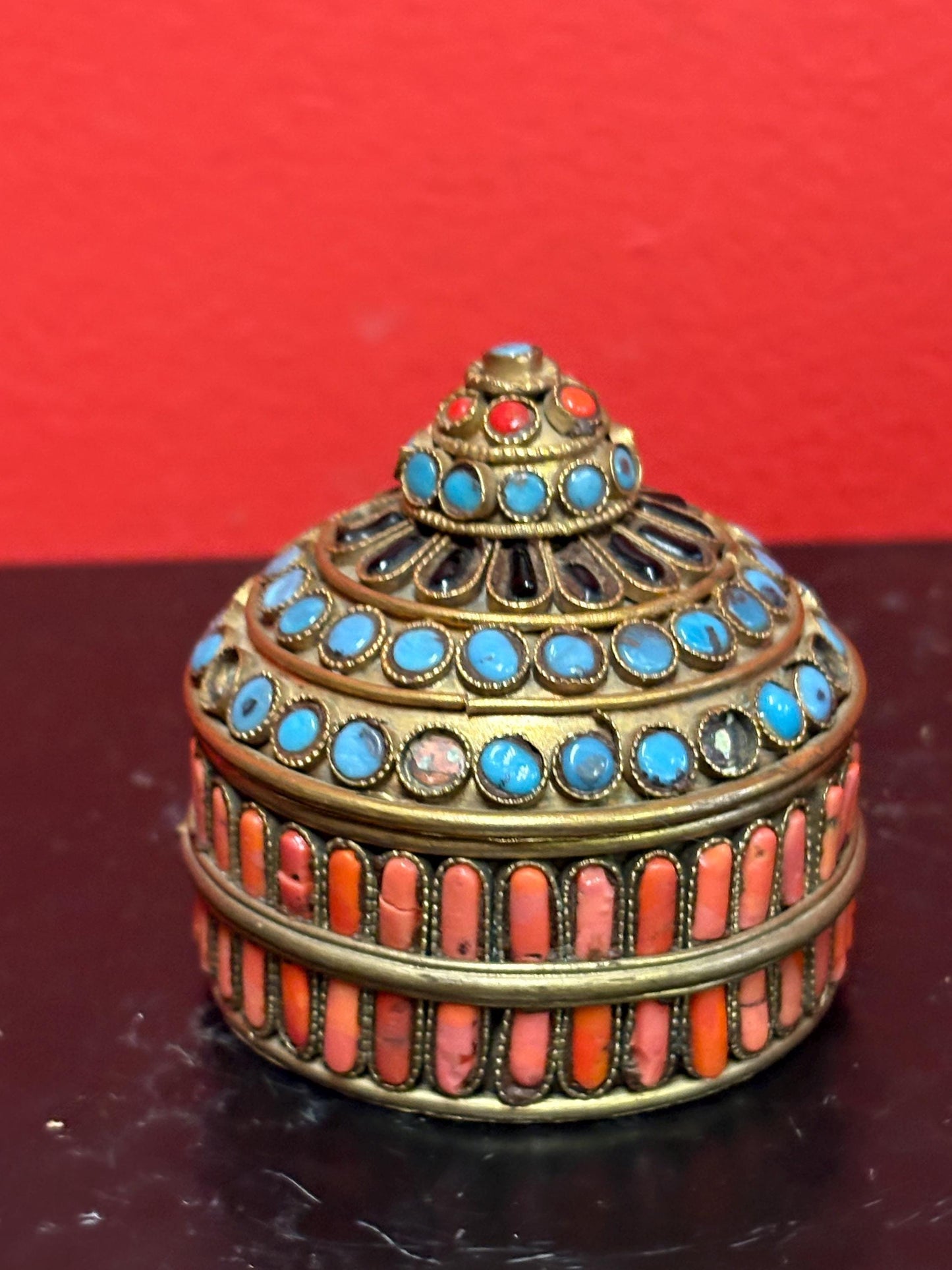 Beautiful turquoise coral and brass box  2 x 2 1/2“ tall  missing couple stones  great value