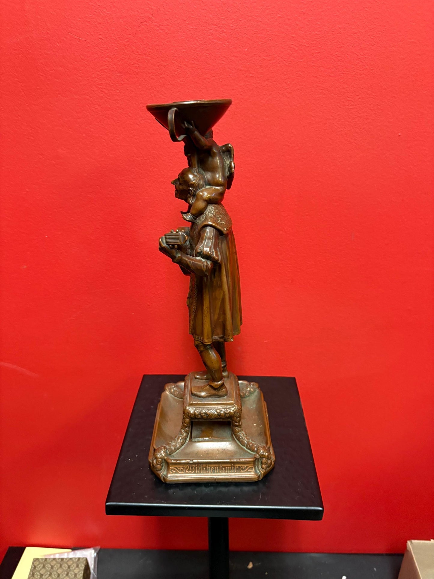 Beautiful 12 inch high antique European 19 century bronze of a mandolin player with a cherub statue candlestick great condition - B