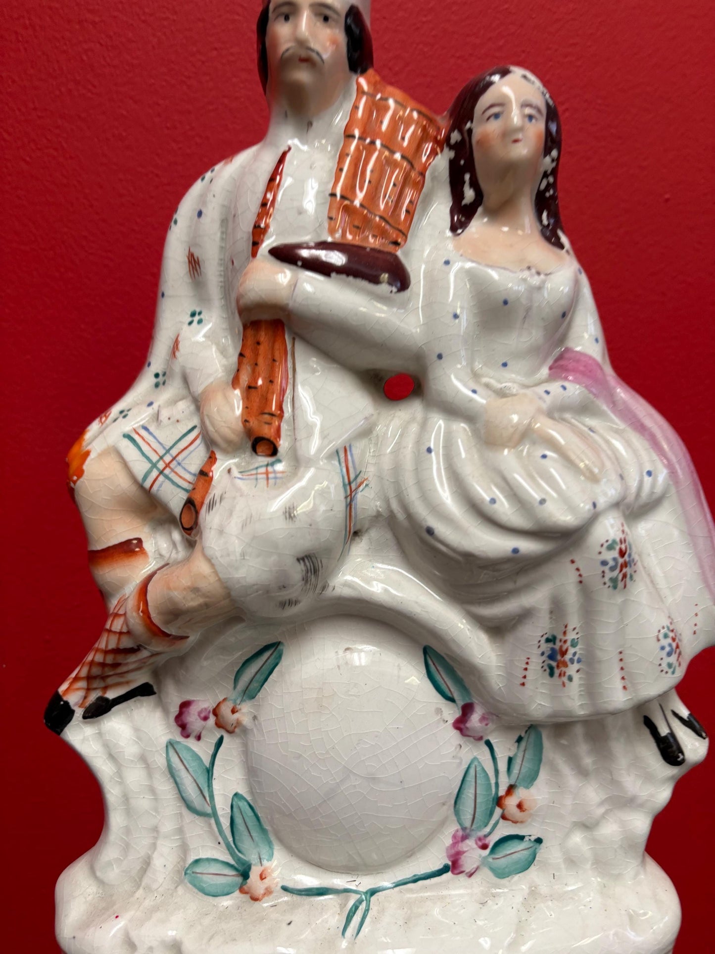 Beautiful antique English Staffordshire flatback statue of a couple 14 x 8 wide good condition for age