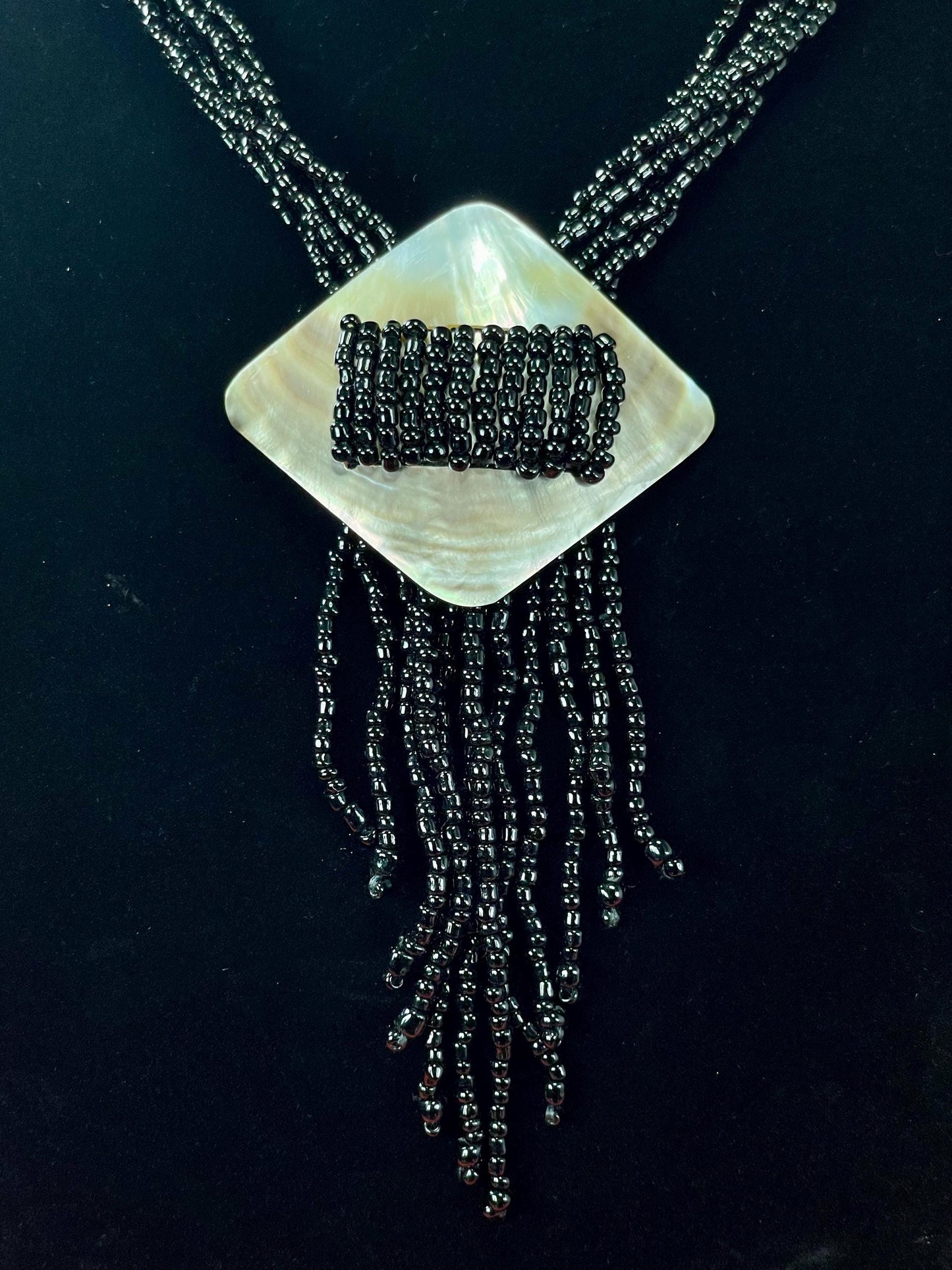 Vintage Black Bead and Shell Pendant Necklace