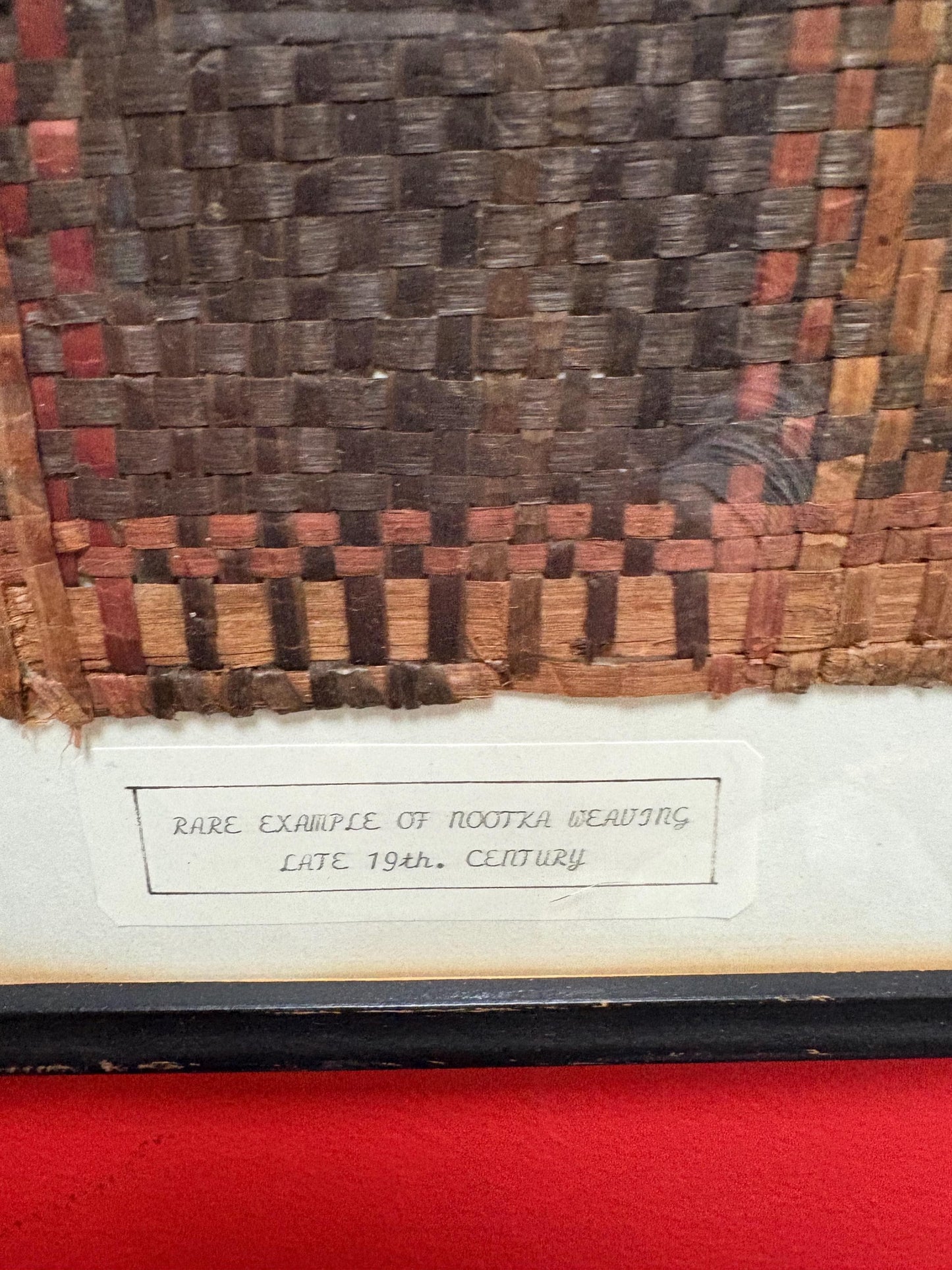 Stunning Museum quality very rare example Nootka weaving late 19th century 21 x 17 inches in frame not perfect wonderful piece
