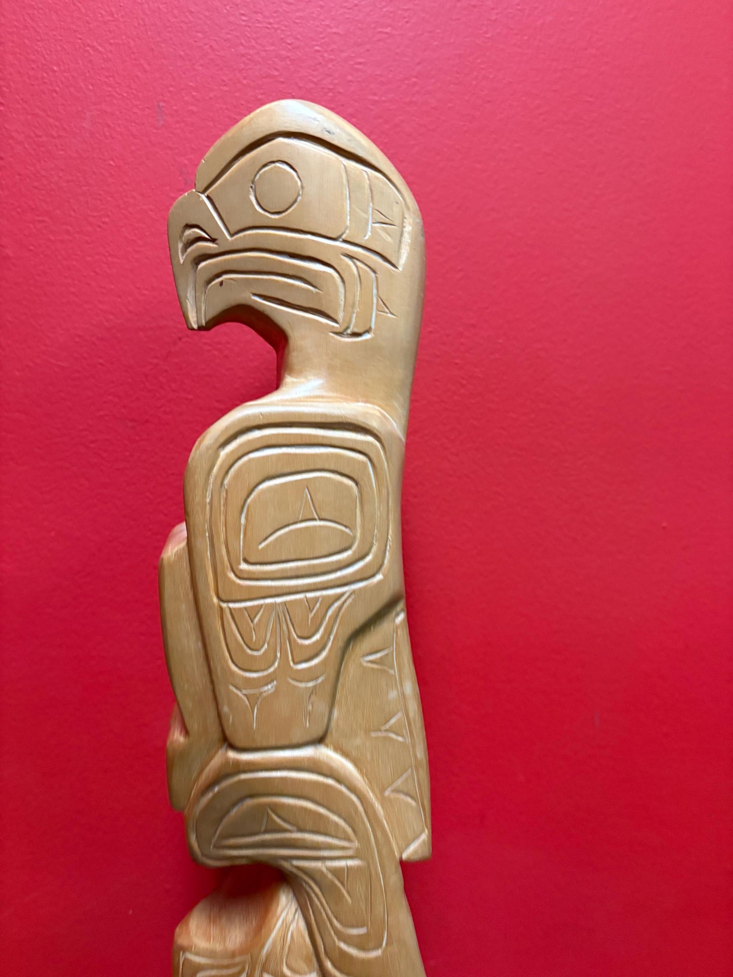 Impressive 18 inch tall indigenous first nations pacific  north west coast cedar eagle transformation totem pole signed  wow