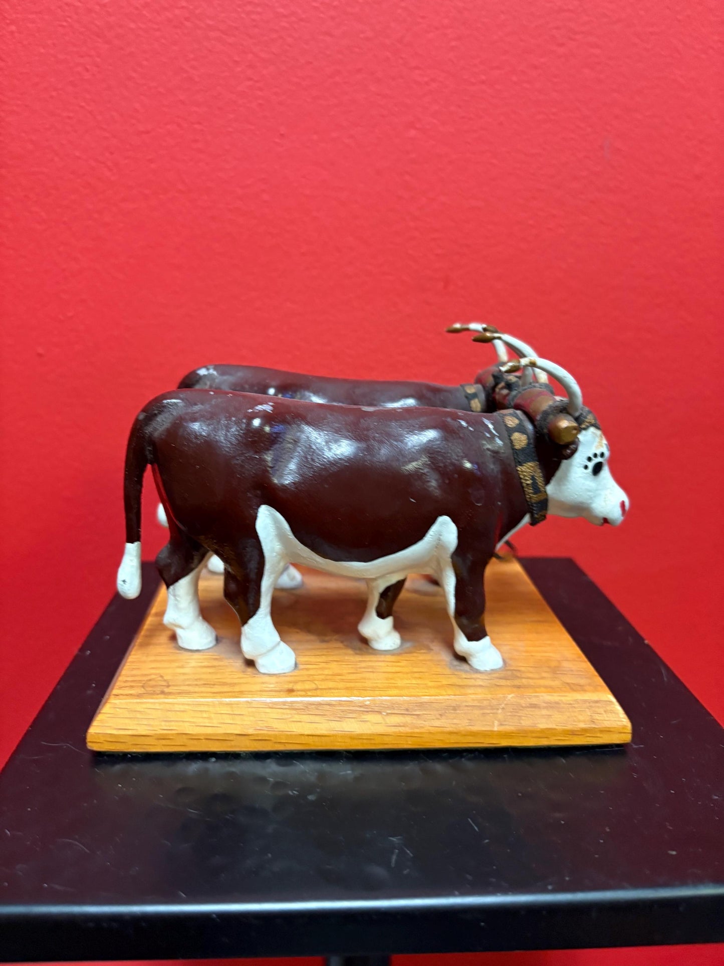 Lovely antique heavy cast metal painted bulls on stand very cool 6 x 4 high cowboy rancher heaven piece say what!!