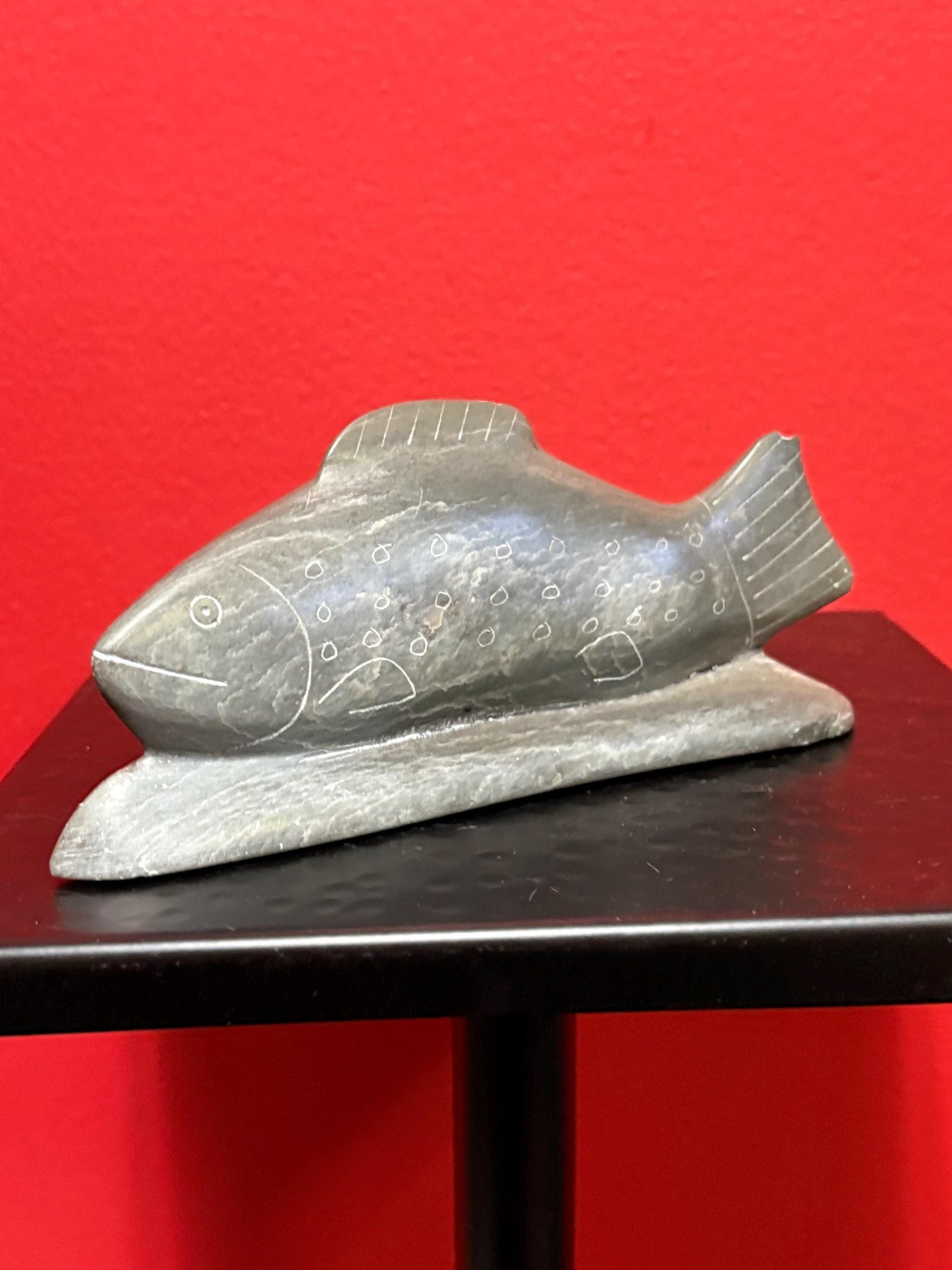 Lovely 7 x 3 high indigenous Inuit soapstone signed salmon chip on tail good value