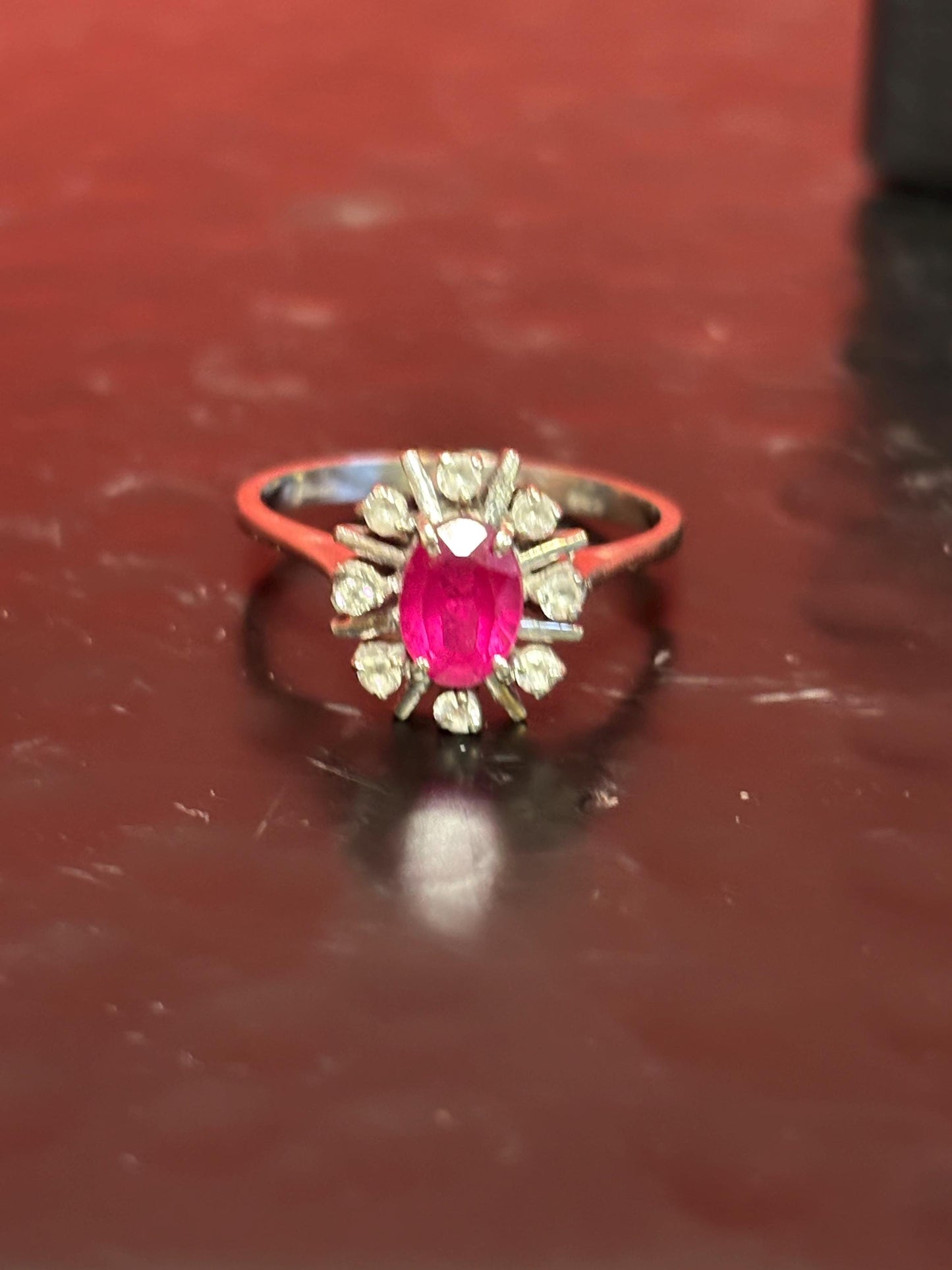 Stunning 15 K white gold ruby and diamond ring an elegant stunner size 7.75 one of a kind - B -