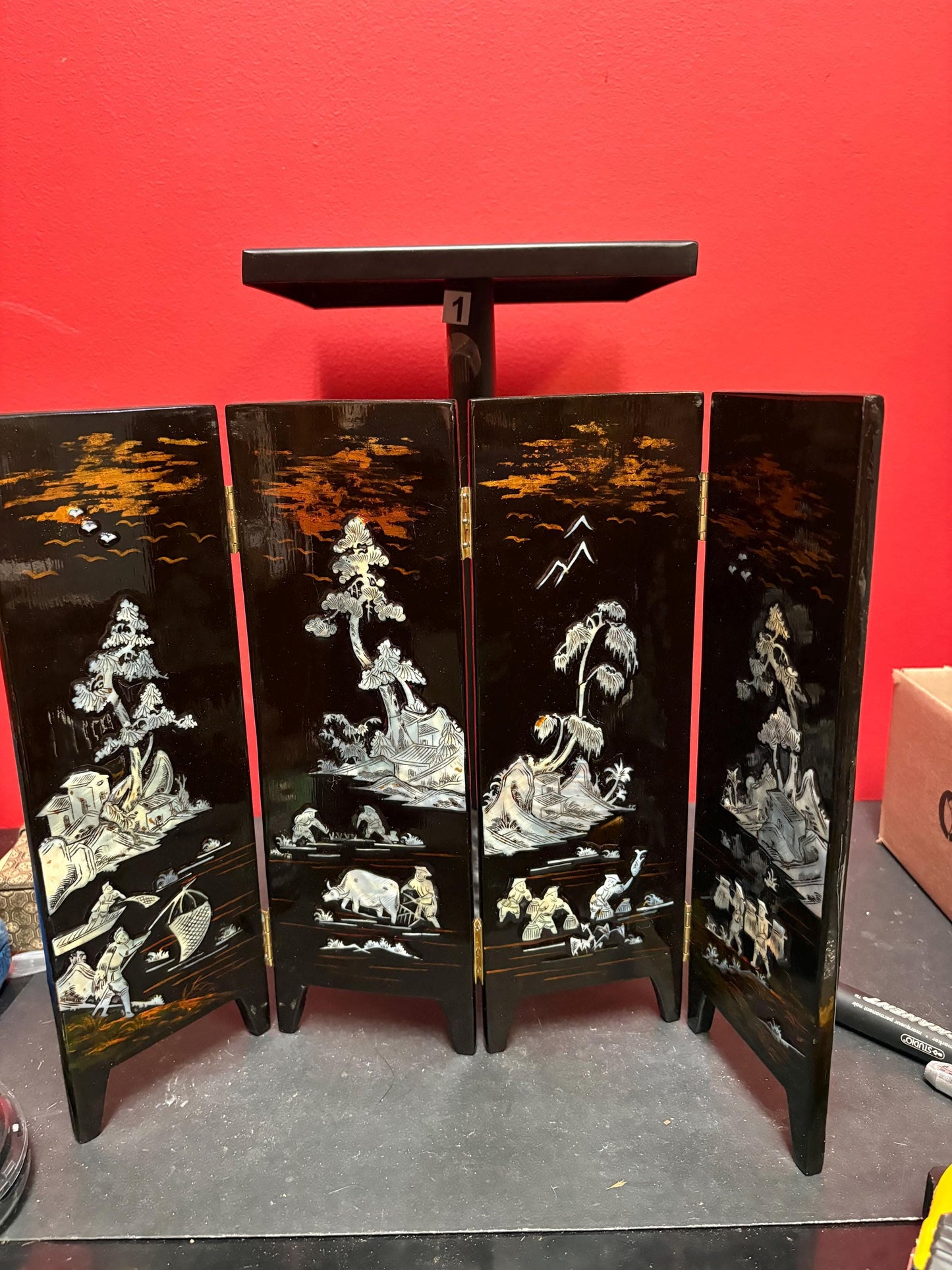 Beautiful 16 x 12 inch high lacquer and shell Asian table screen great condition and wonderful imagery wow