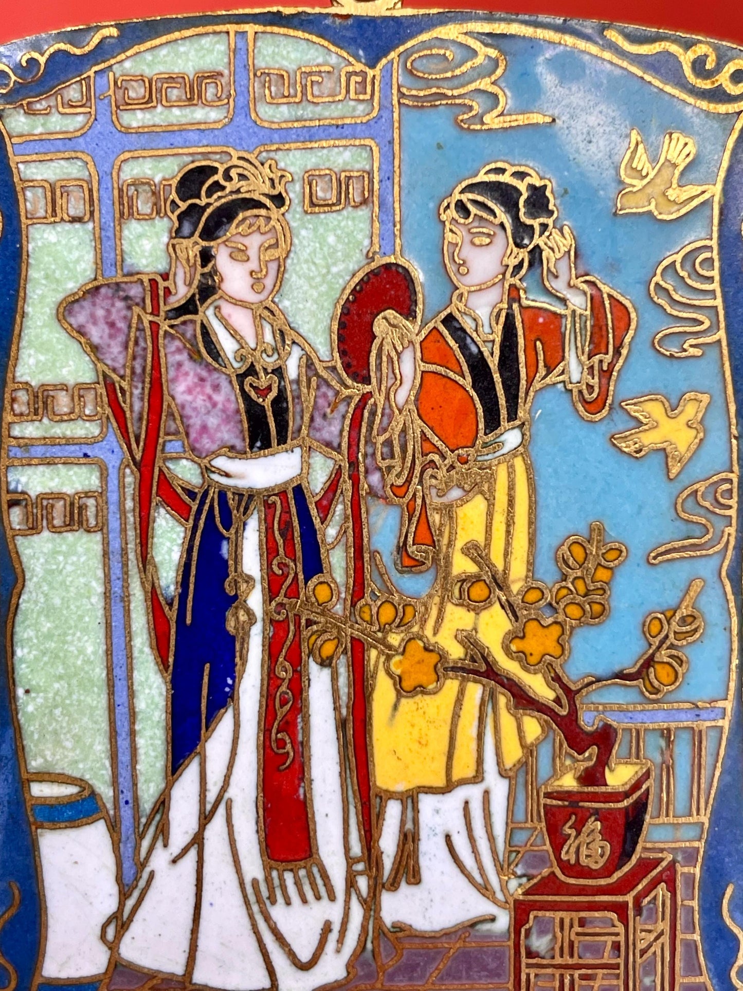 Hand-Painted Enamel Asian Scene Metal Pendant