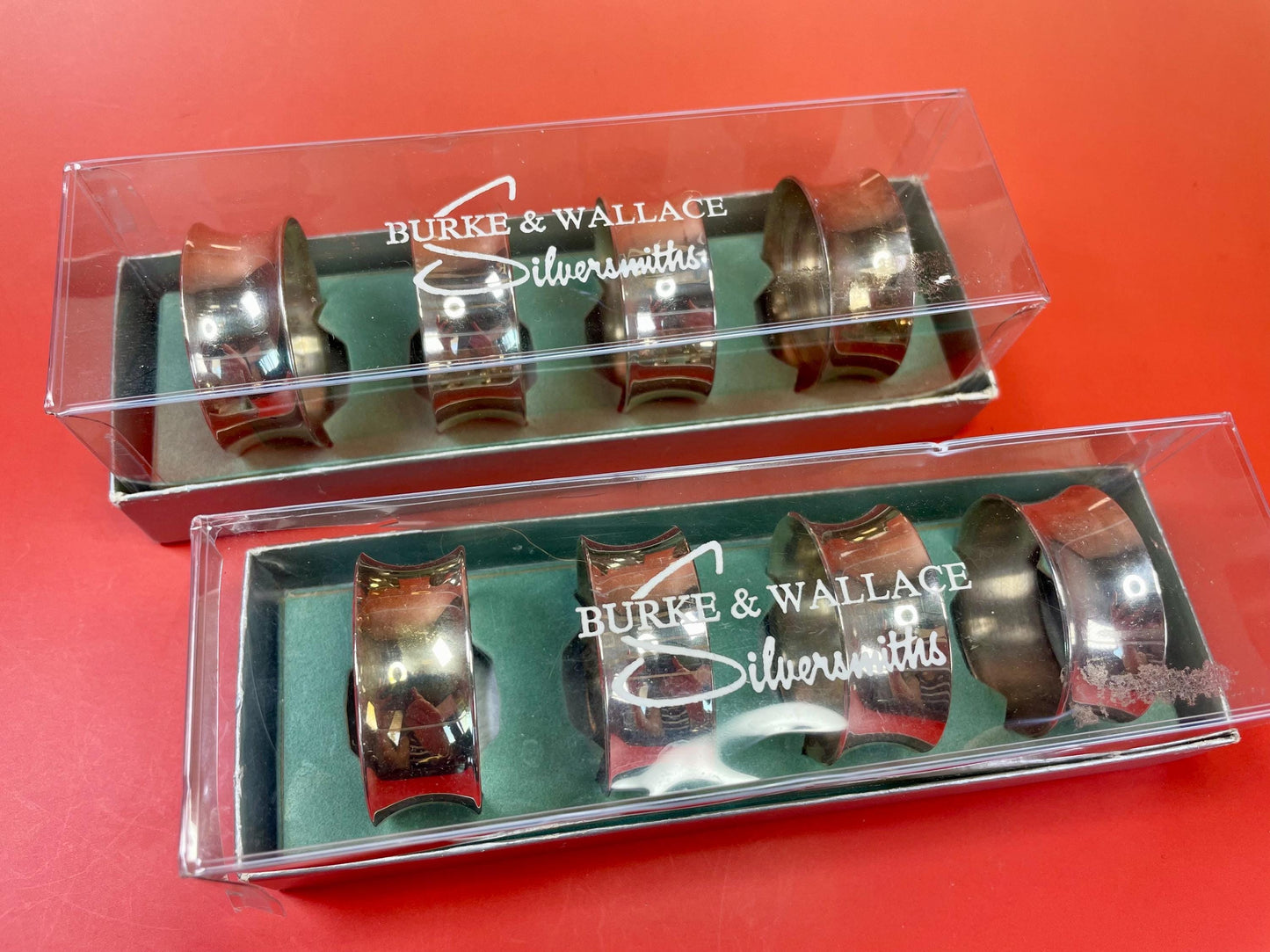 Burke and Wallace Silversmiths 2 Sets of 4 Silver Plated Napkin Rings