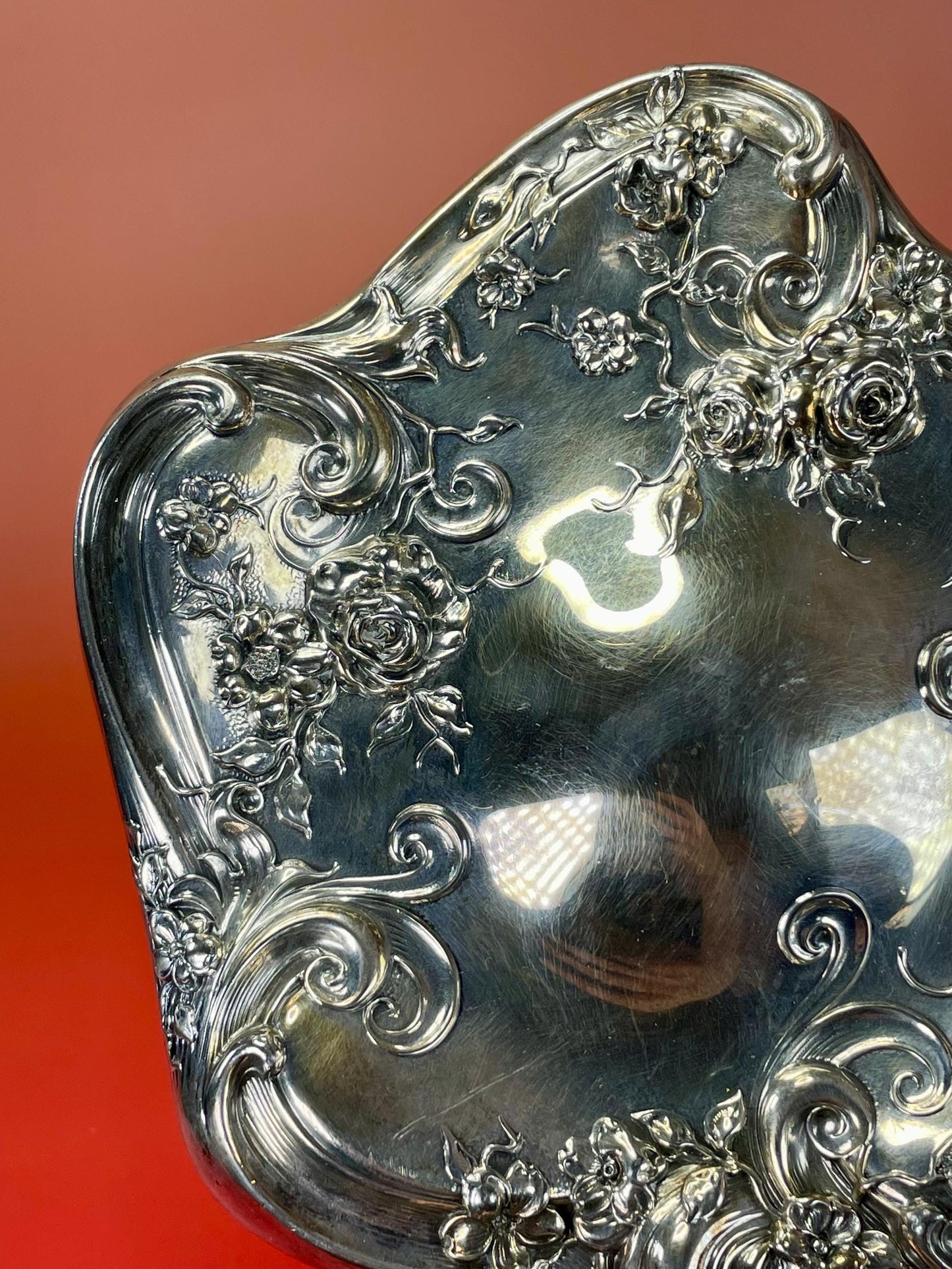 Stunning Victorian Silver Plated hand mirror with flower design perfect gift -B