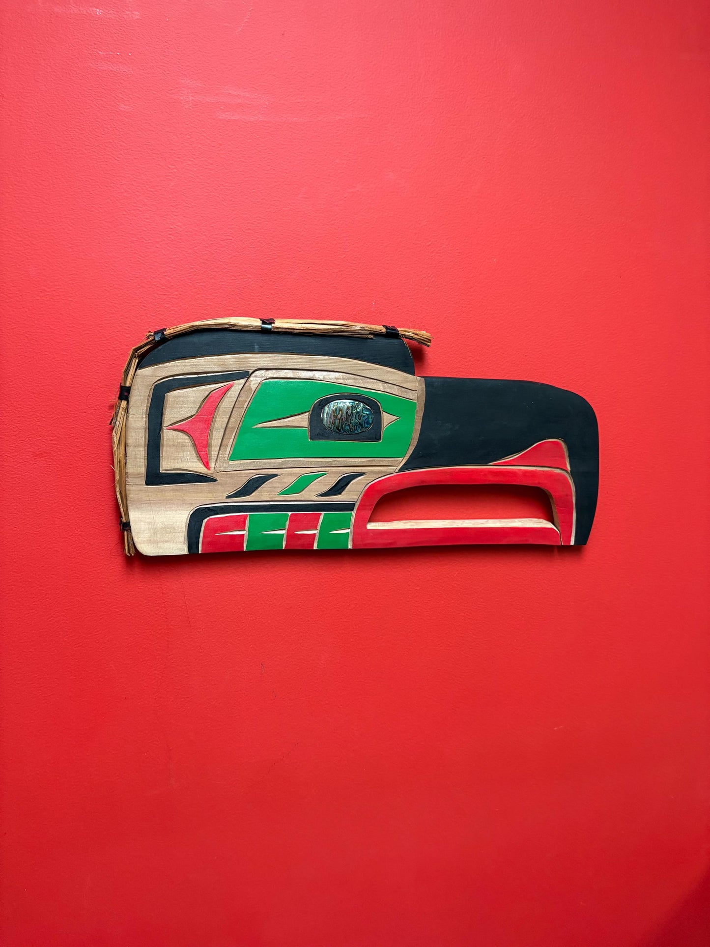 Stunning indigenous first nation Pacific Northwest coast signed Bradley Joseph Jr Raven plaque with stunning abalone eye - 19 x 9 1/2 high
