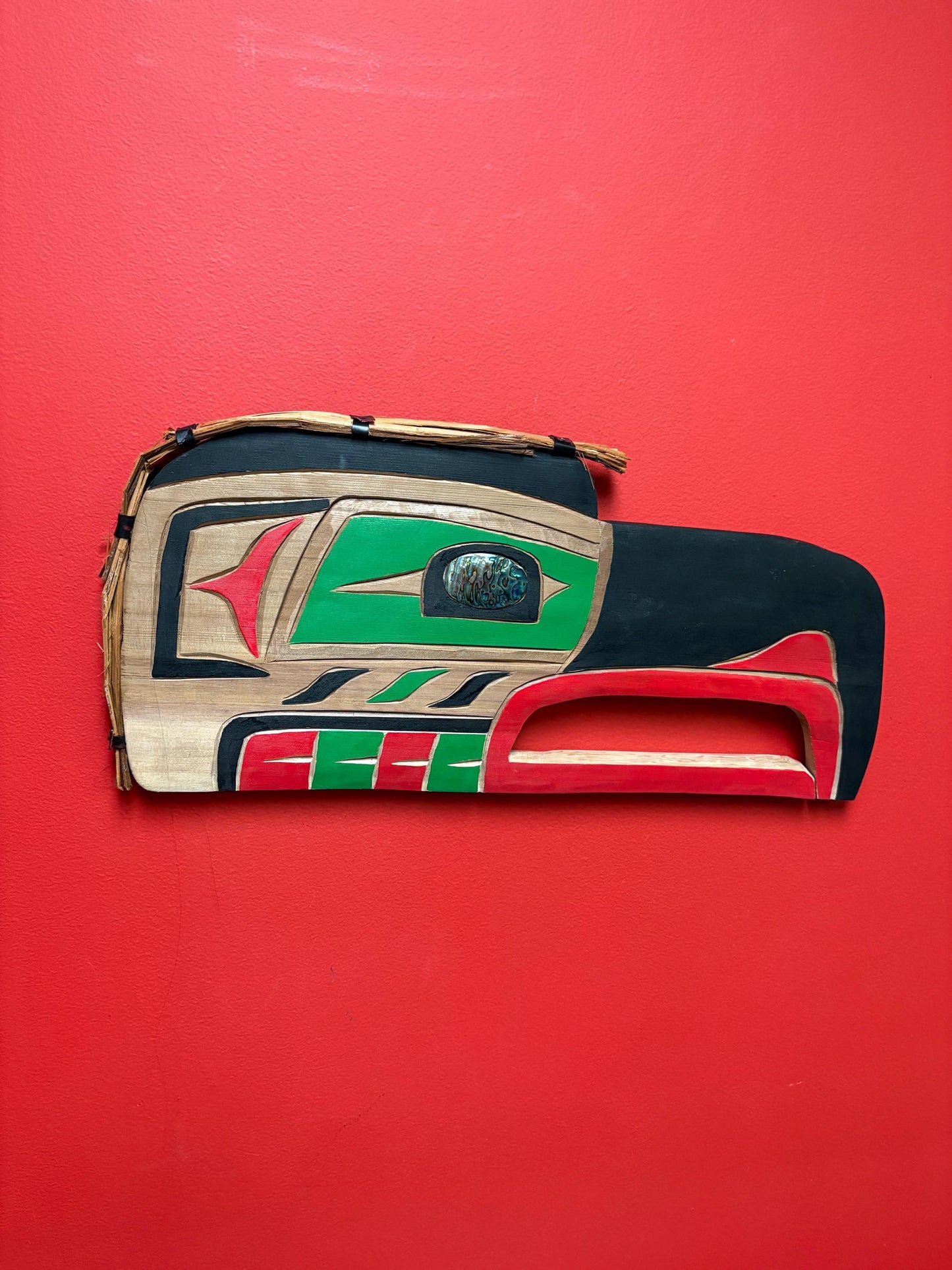 Stunning indigenous first nation Pacific Northwest coast signed Bradley Joseph Jr Raven plaque with stunning abalone eye - 19 x 9 1/2 high