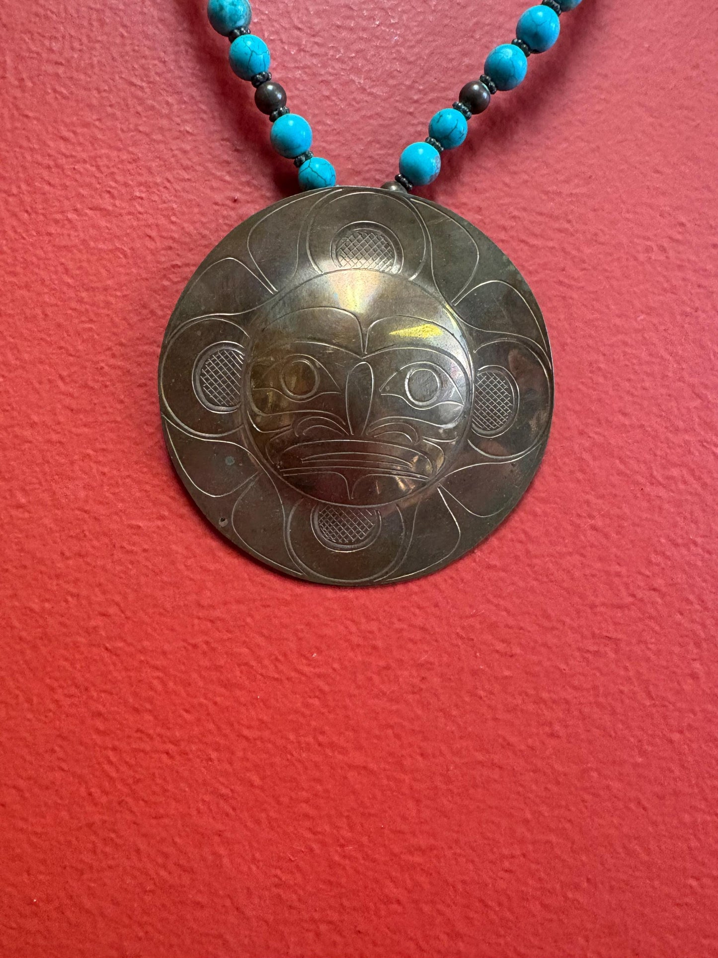 Stunning rare indigenous first nation Pacific Northwest coast turquoise and copper - necklace 15 inches and pendant 3 inches long wow