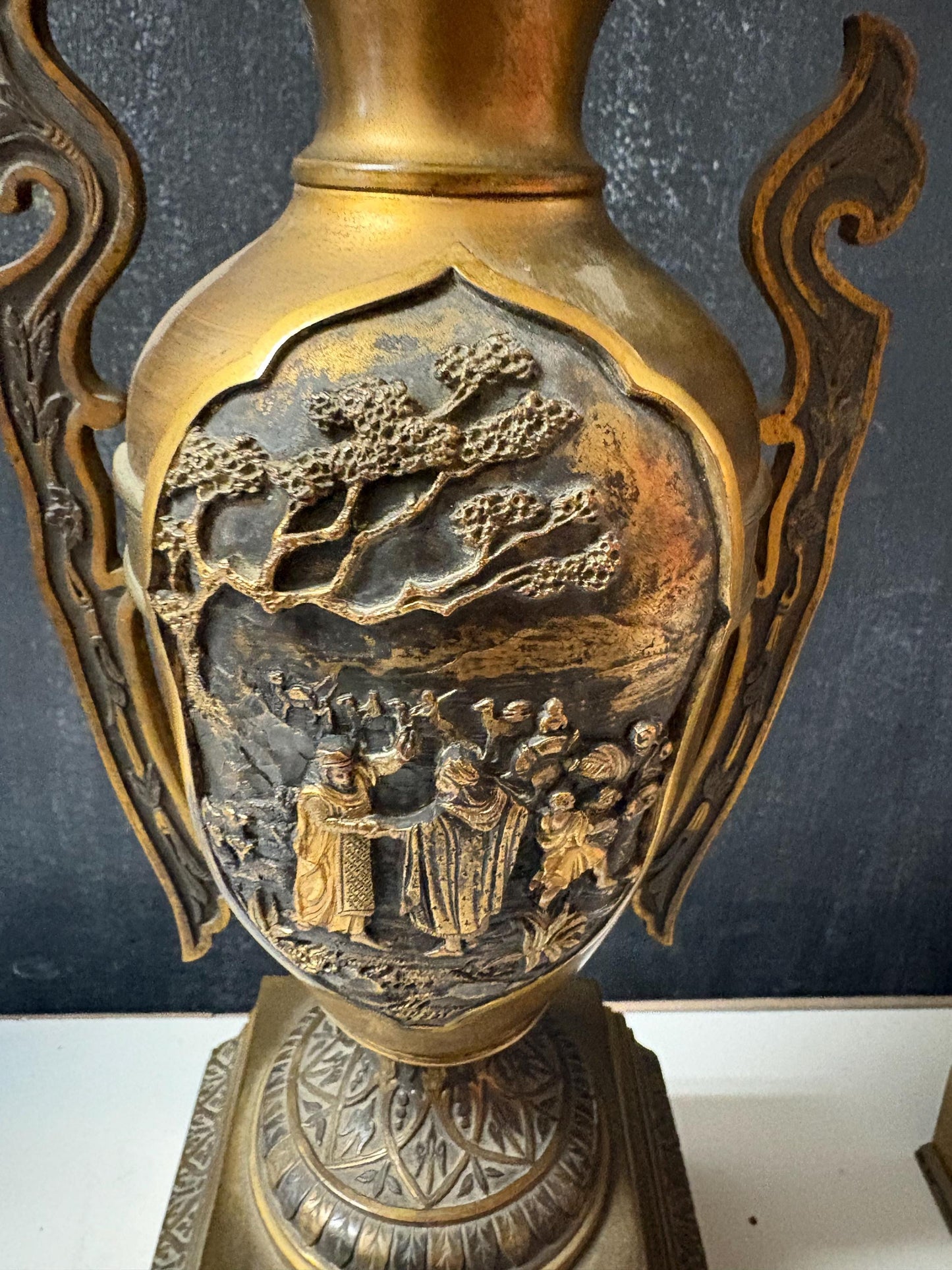 Stunning antique Japanese bronze candle holder urns magical patina 11 inches high perfection Meiji period wow - B