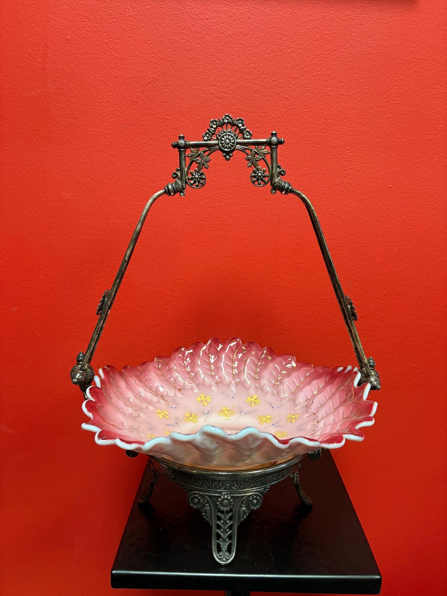 Stunning 15 x 9.5 inch antique American silver plated and glass bridal basket authentic and mint condition - B