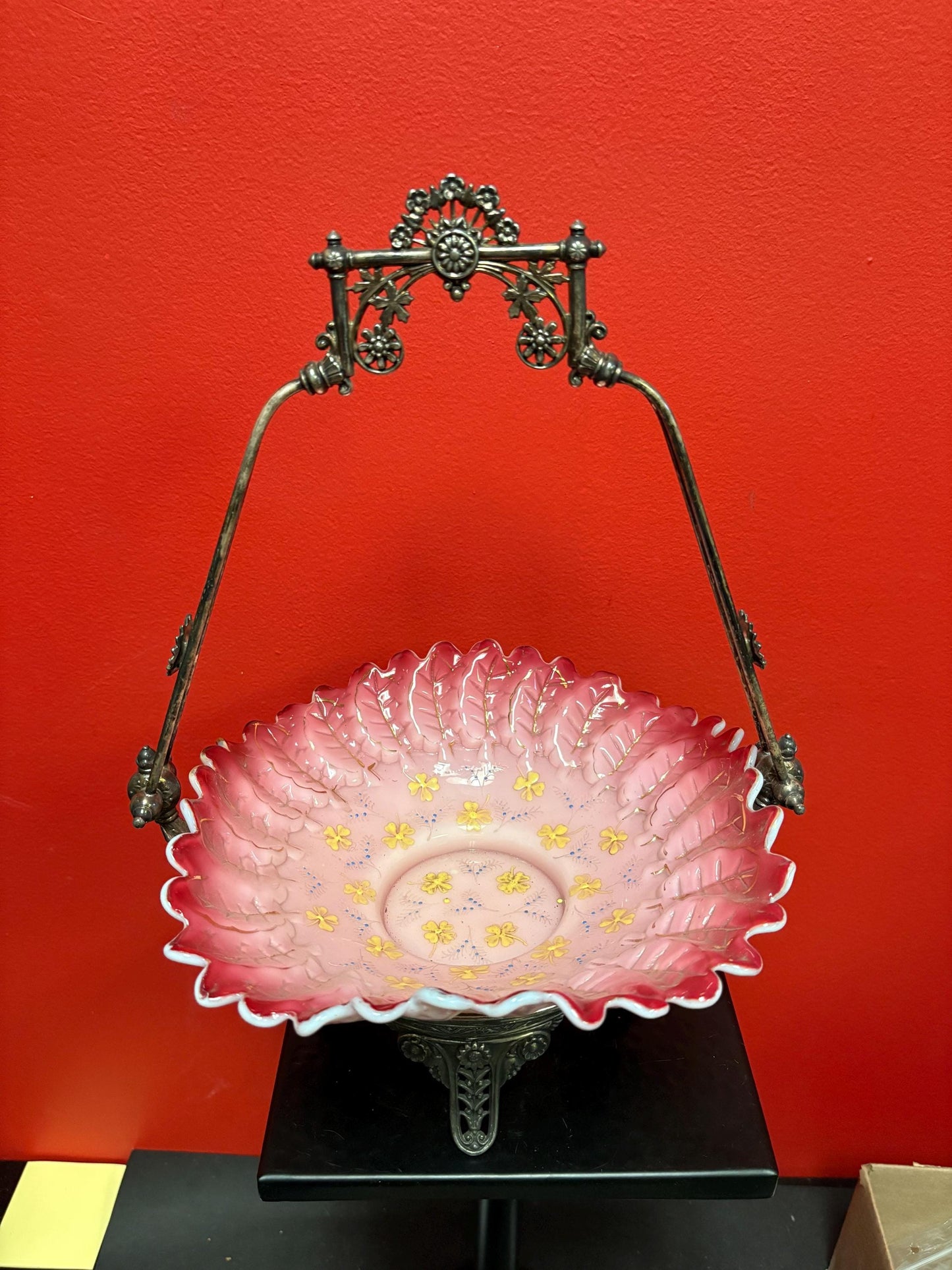 Stunning 15 x 9.5 inch antique American silver plated and glass bridal basket authentic and mint condition - B
