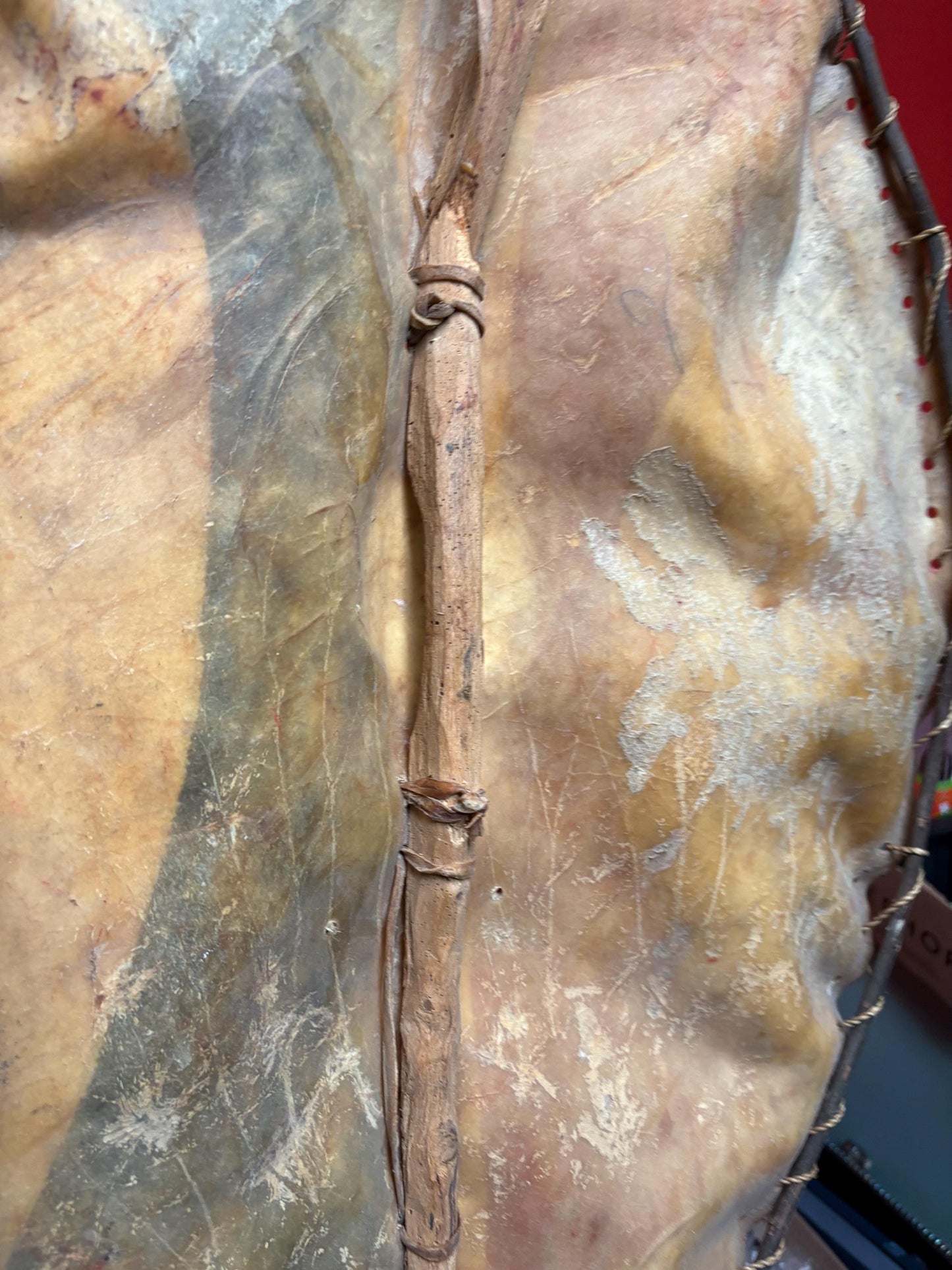Beautiful authentic antique 32 x 19“ wide African painted warrior shield great decoration and not perfect condition. See photos.