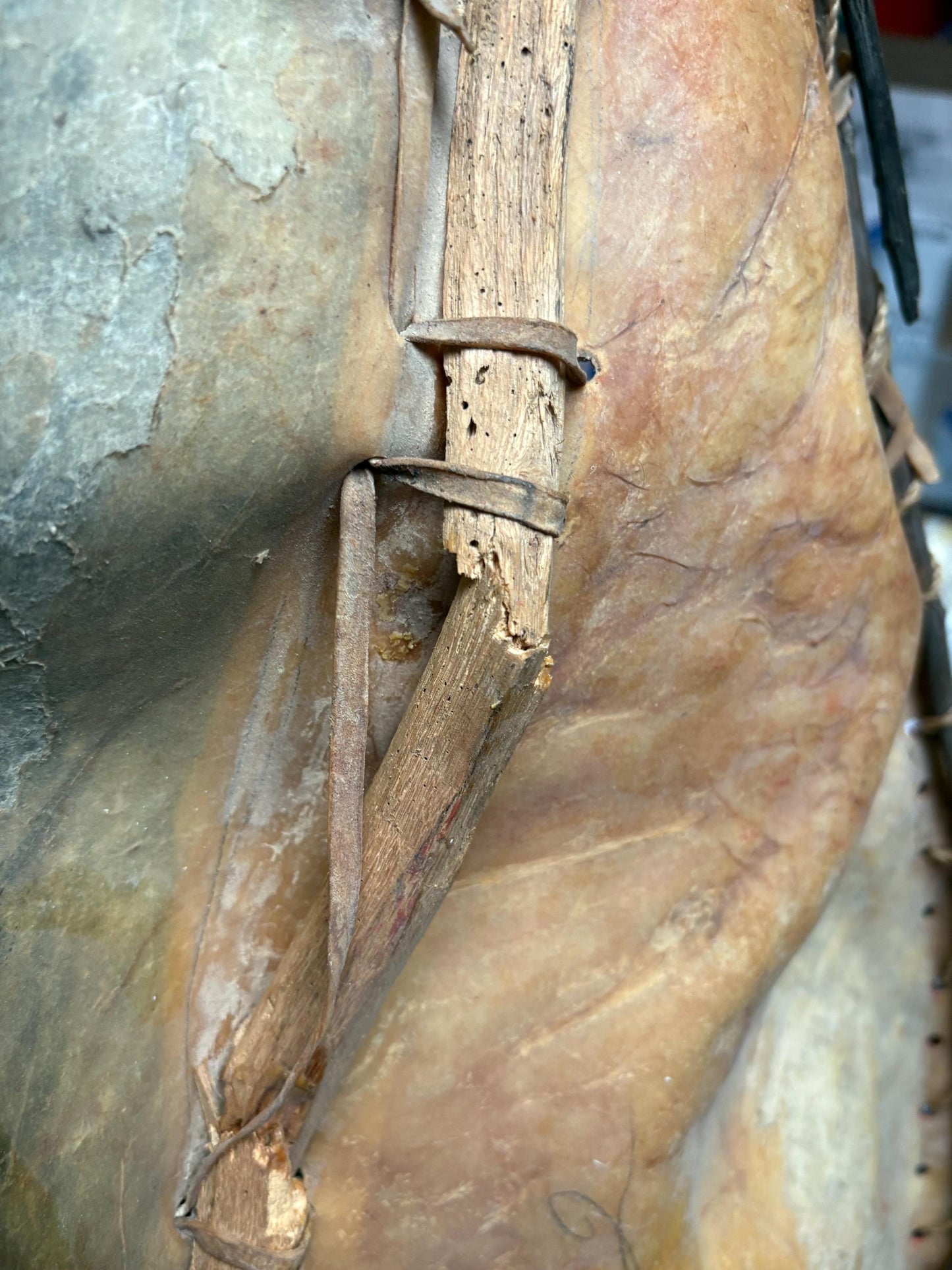 Beautiful authentic antique 32 x 19“ wide African painted warrior shield great decoration and not perfect condition. See photos.