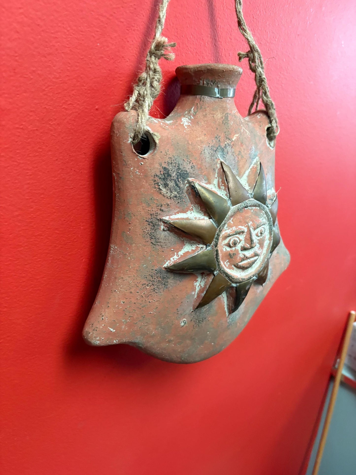 Stunning 17 x 11 wide vintage Mexican wall vessel vase sunshine happy terra-cotta beauty great for in or outside perfect gift
