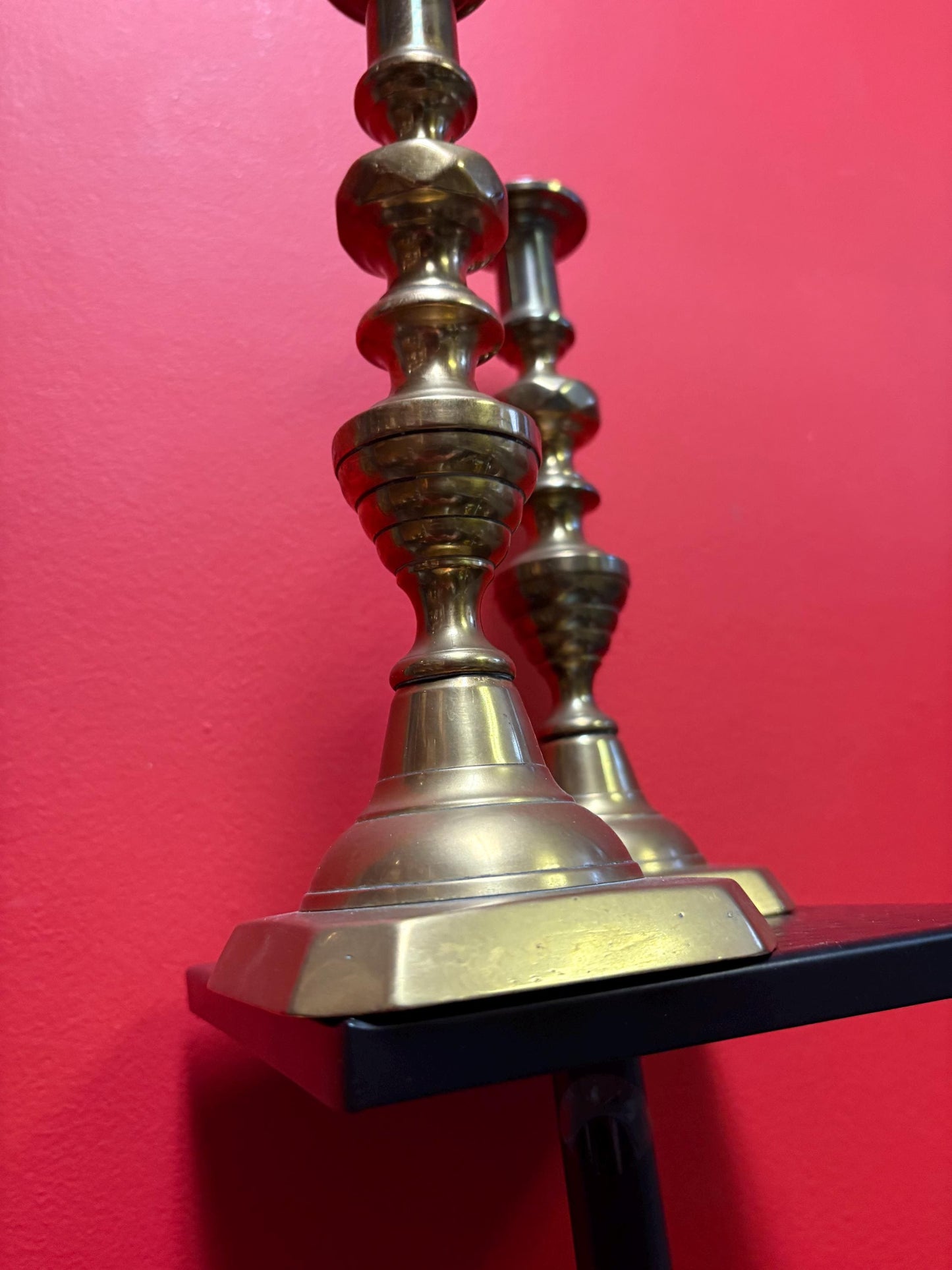 Beautiful 11 inch tall antique brass candlesticks with the original lifters good condition and stable
