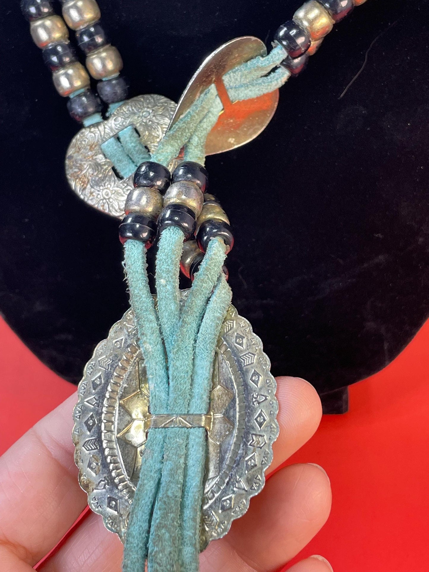 Southwestern Turquoise leather & Silver-tone Concho Necklace