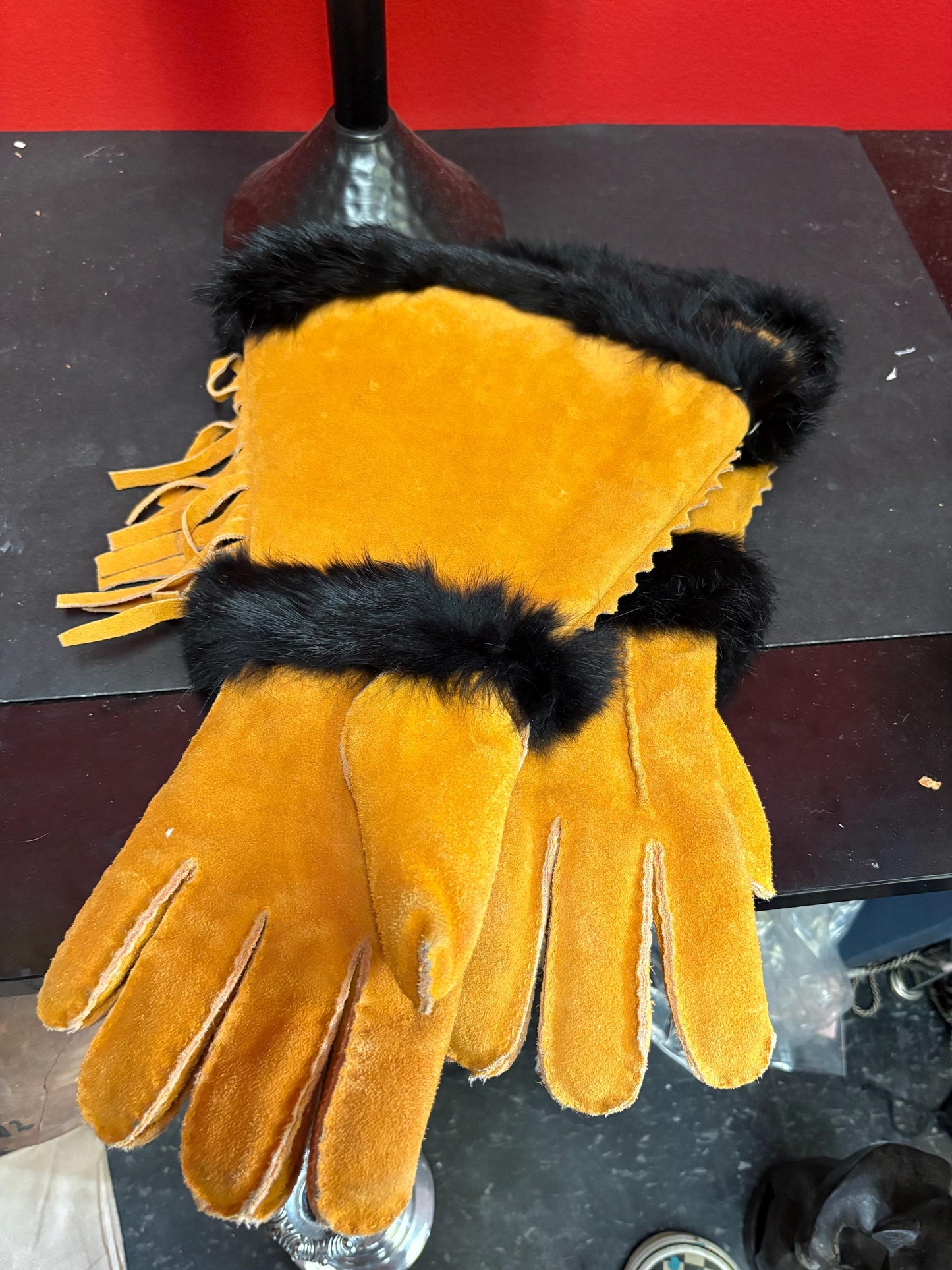Beautiful indigenous first nations Pacific Northwest coast 14 x 7 wide leather and beaded gloves  wonderful condition