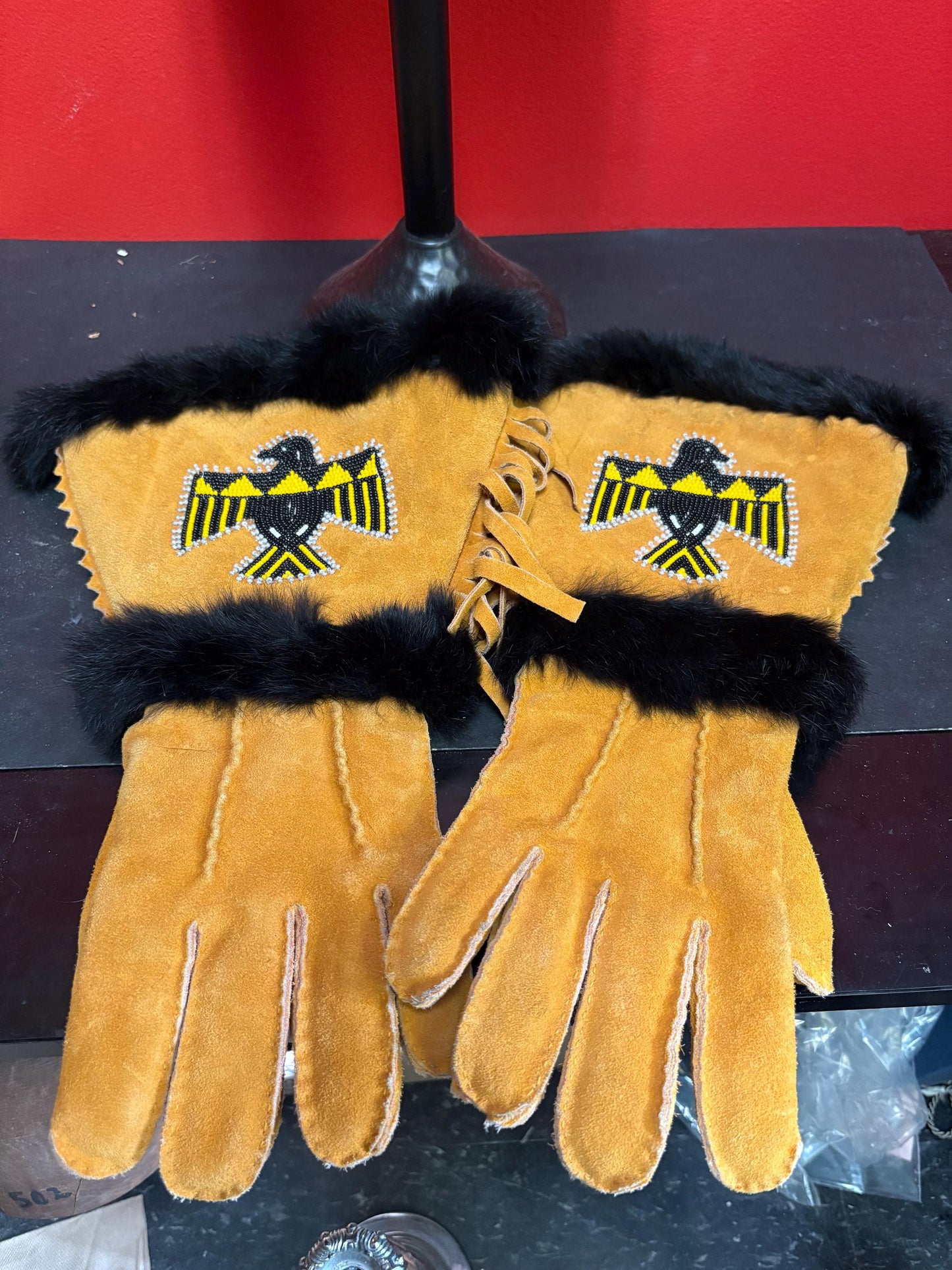Beautiful indigenous first nations Pacific Northwest coast 14 x 7 wide leather and beaded gloves  wonderful condition