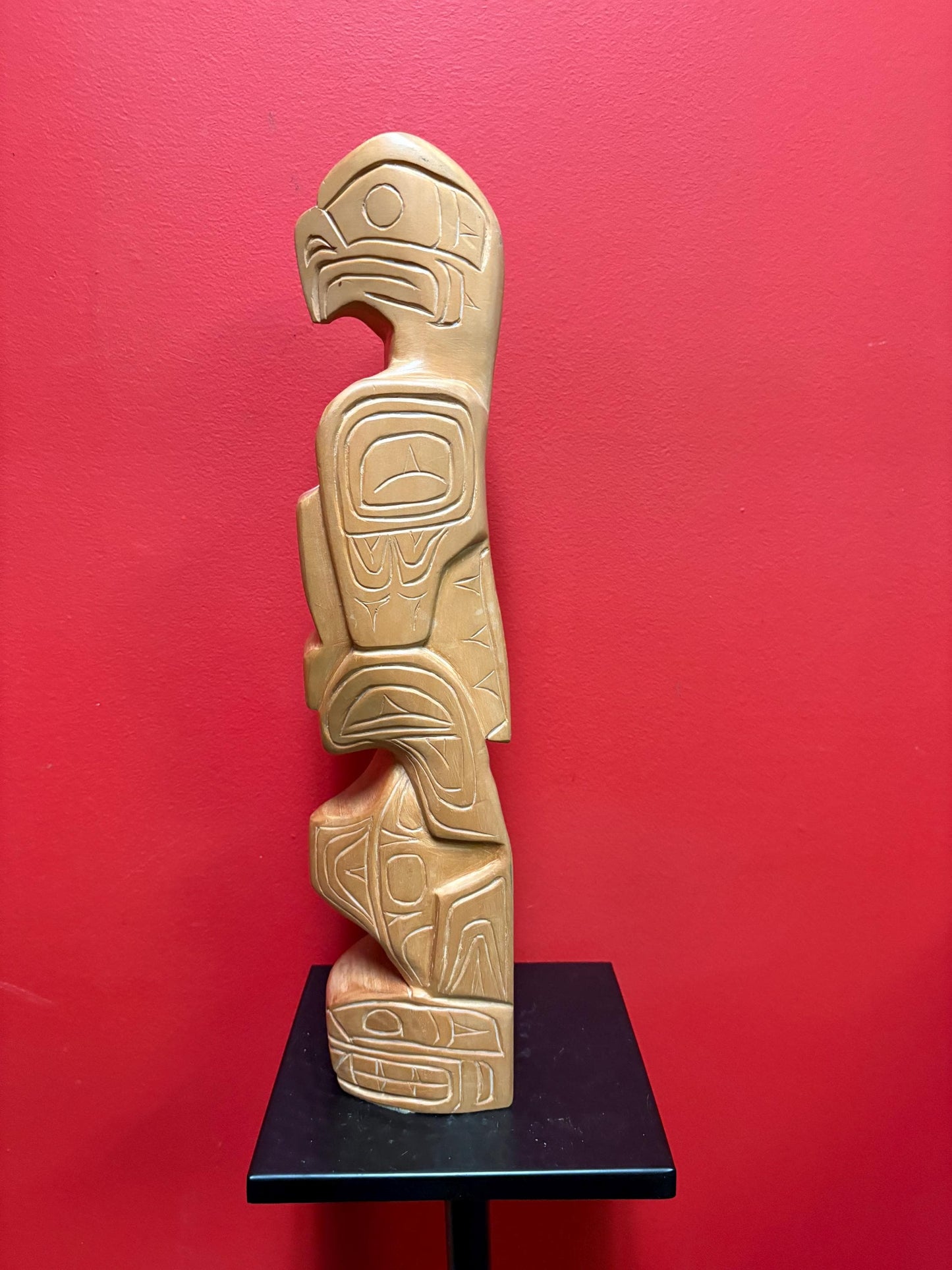 Impressive 18 inch tall indigenous first nations pacific  north west coast cedar eagle transformation totem pole signed  wow
