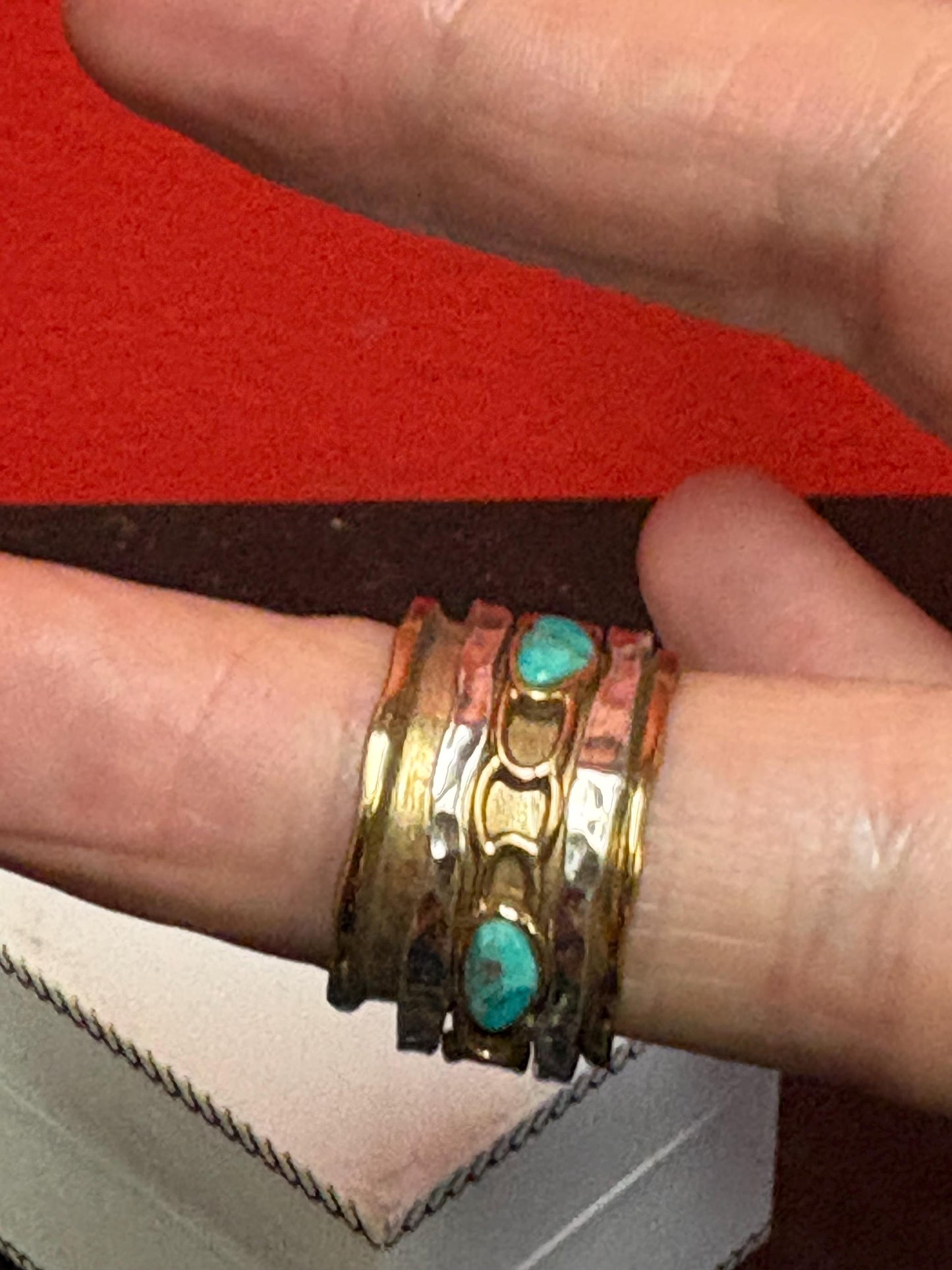 Turquoise 925 sterling and gold gilt ring signed size 8.5 really wow statement piece - men or ladies - B