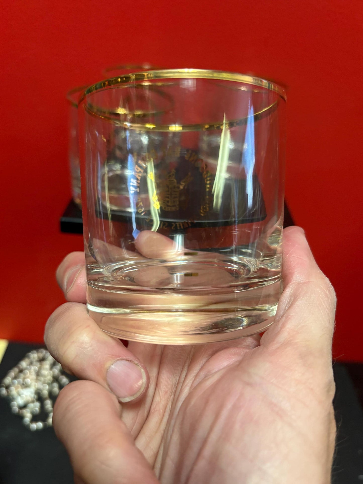 Beautiful set four 3 1/2 inch high Hudson Bay Company scotch whiskey glasses HBC Canadian history good condition