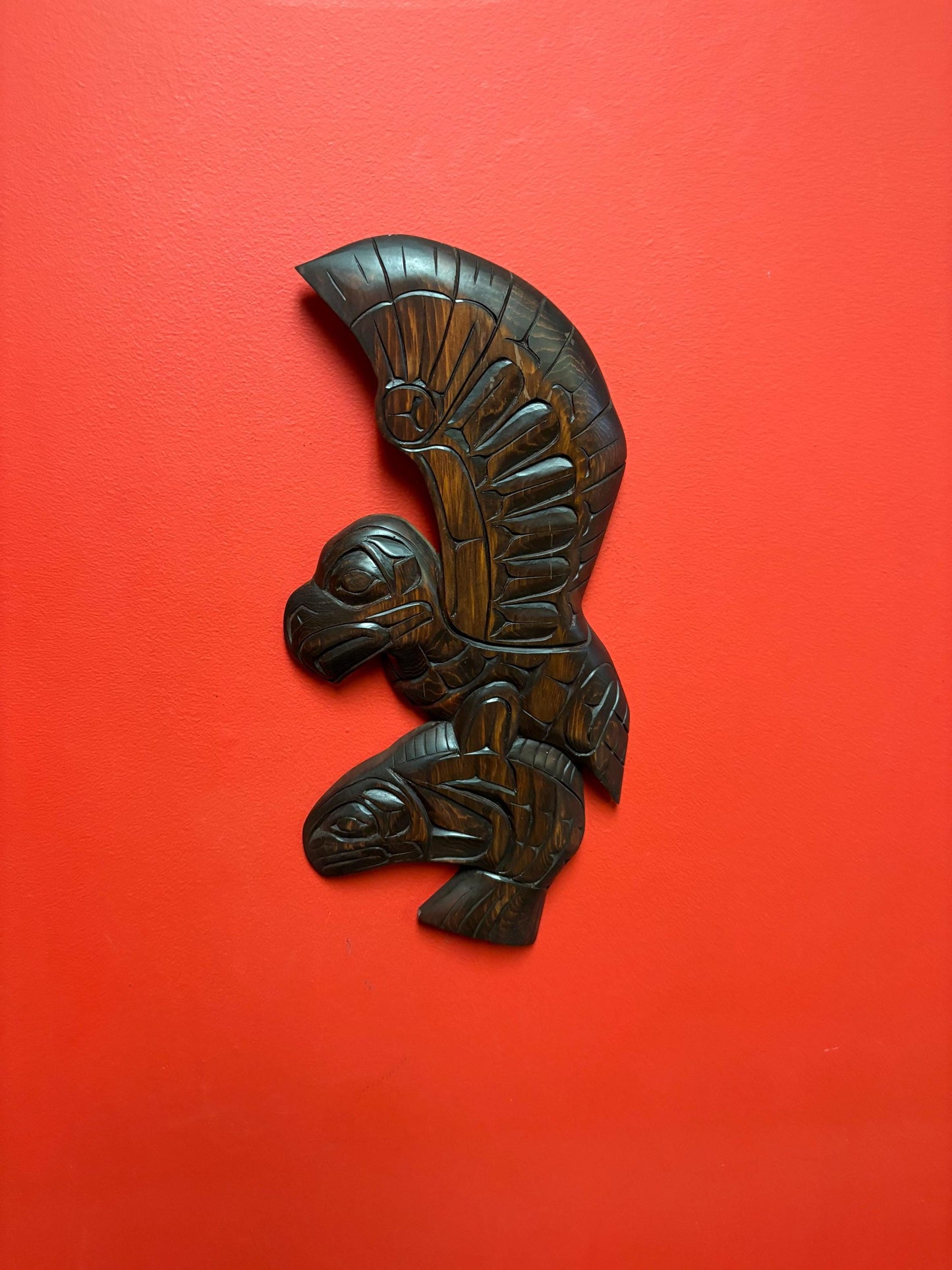 Huge 17 x 9 high signed indigenous First Nations cedar Eagle and salmon transformation plaque  great detail -