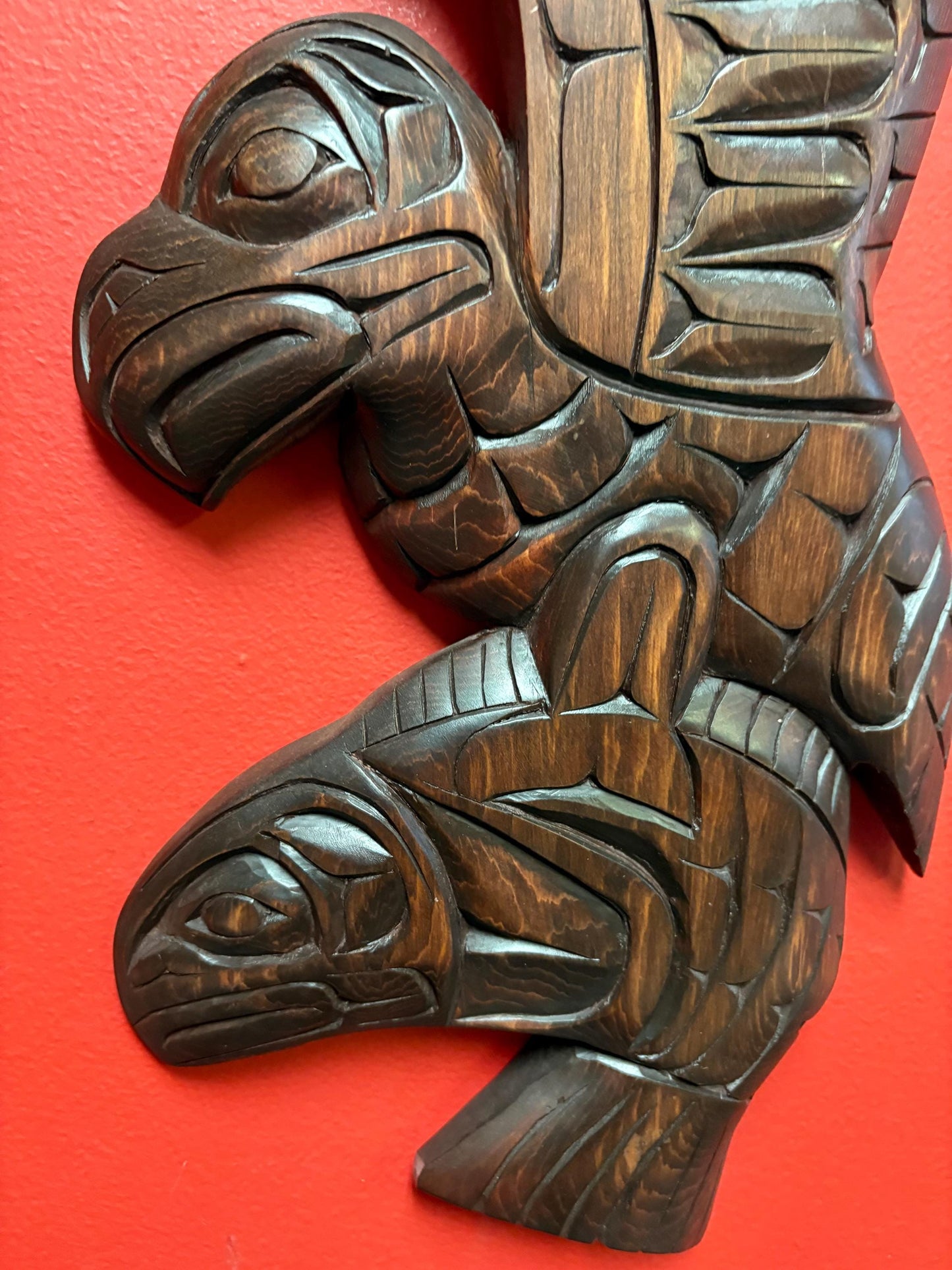 Huge 17 x 9 high signed indigenous First Nations cedar Eagle and salmon transformation plaque  great detail -