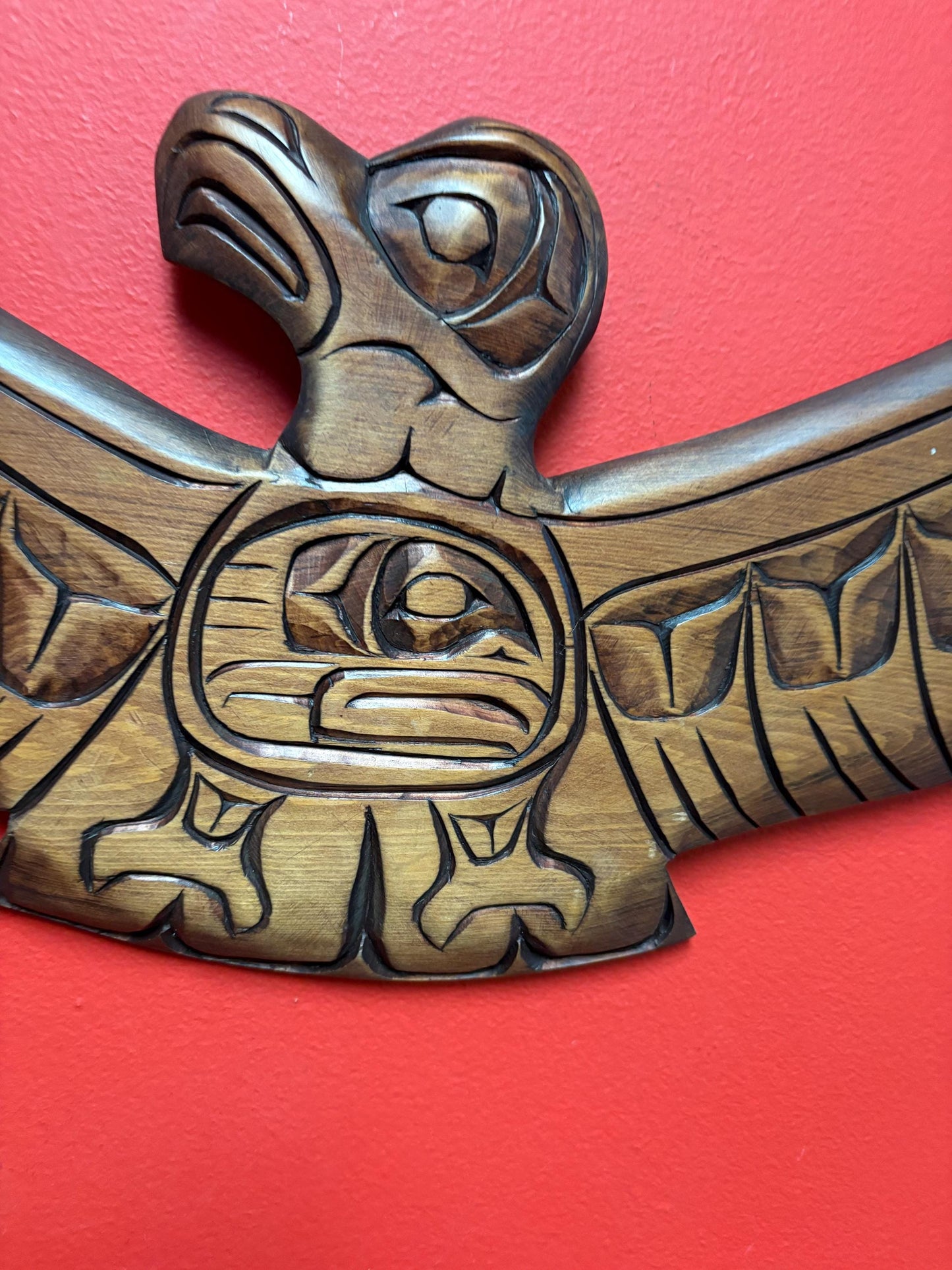 Huge 21 x 9 high signed indigenous First Nations cedar Eagle transformation plaque  great detail -