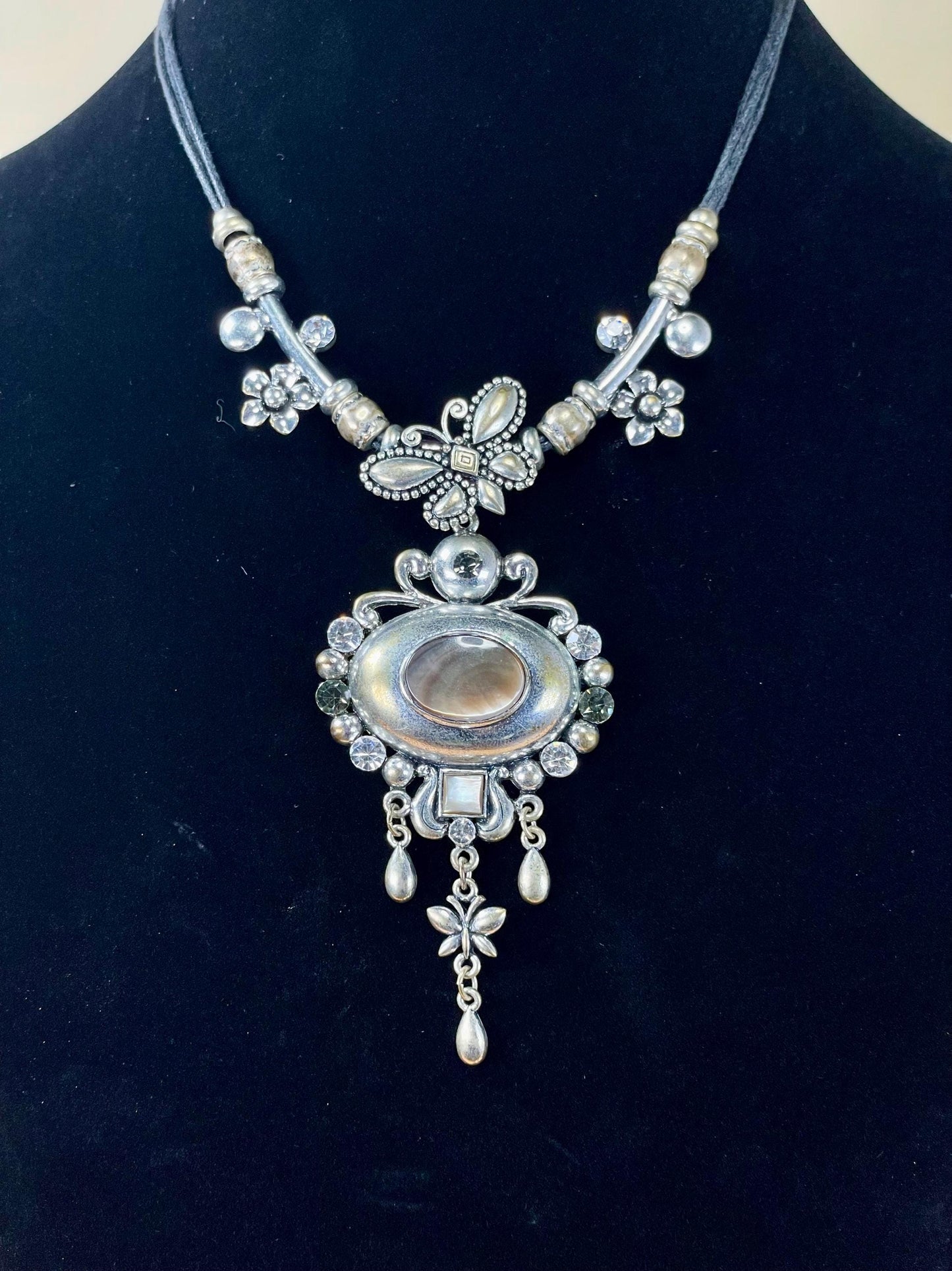 Mother of Pearl Pendant Necklace with Butterfly Accent 15 inch necklace, 3 inch Pendant