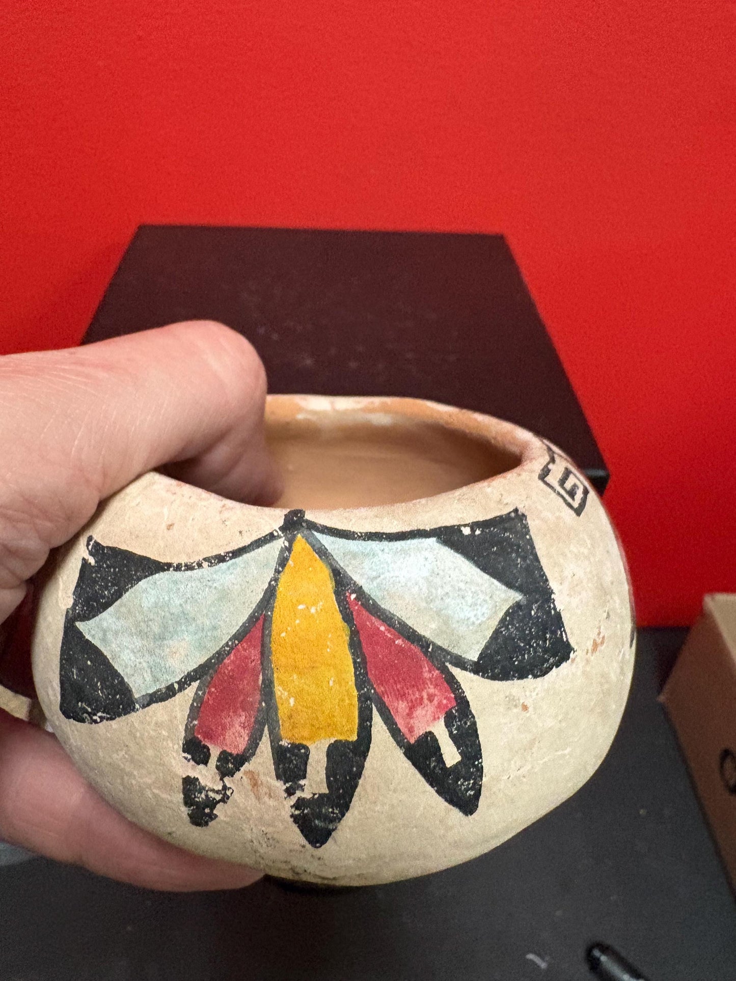 Navajo pottery - early 19 century 2.5 inch high by 3 inch wide American Navajo handmade pottery vessel great imagery museum quality