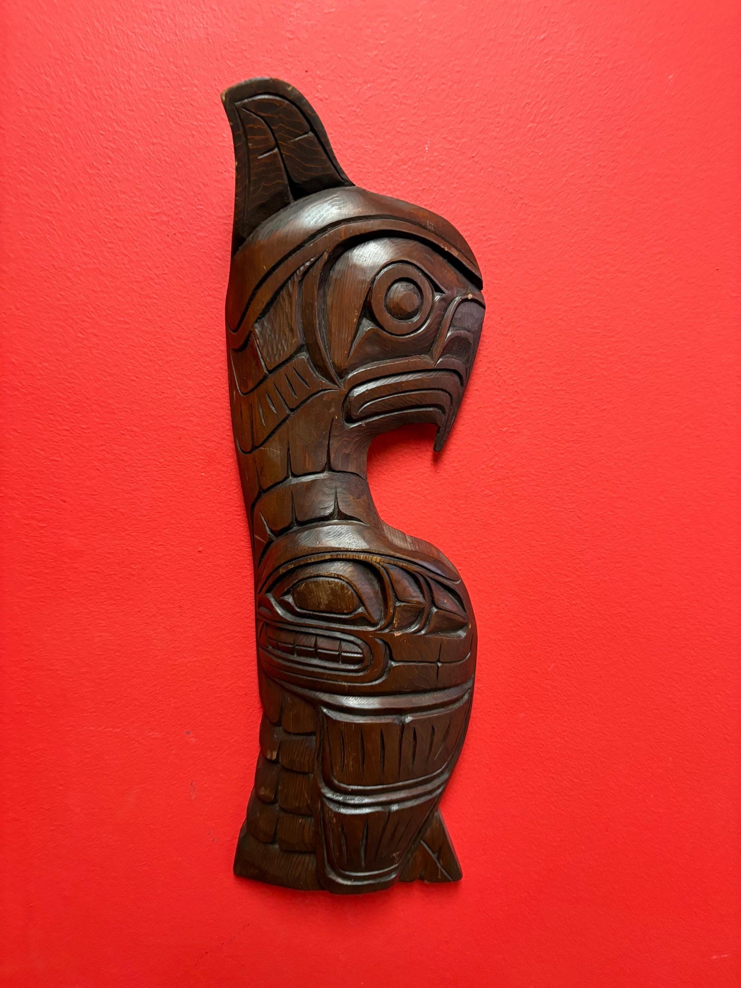 Absolutely stunning 18 x 5 indigenous first nation pacific north West Coast Eagle killer whale transformation plaque well carved unsigned