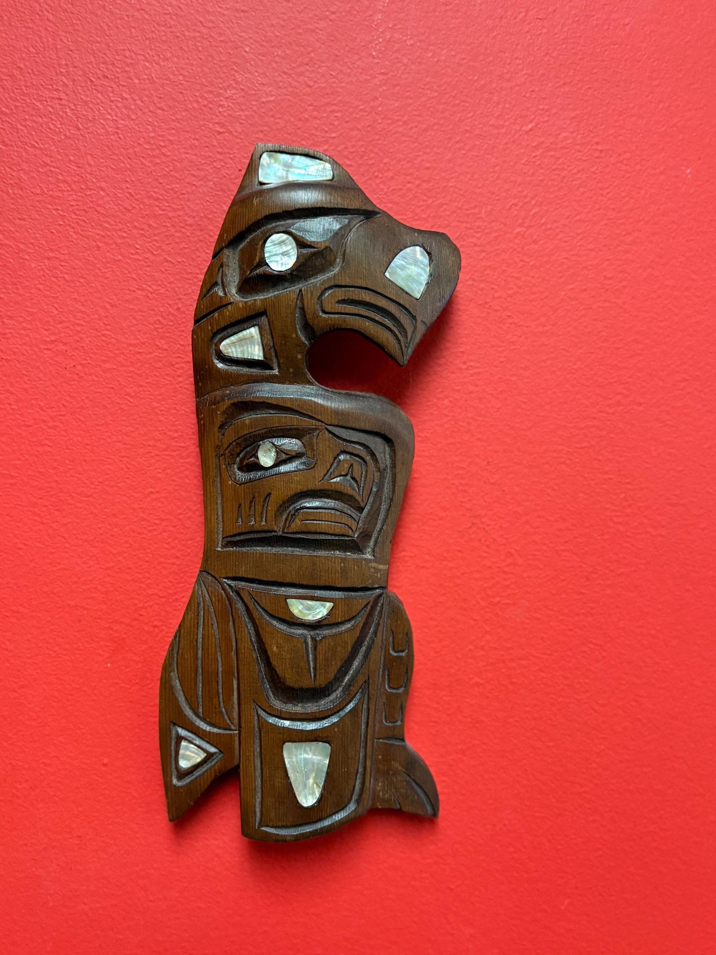 Beautiful indigenous 12 x 5 wide first nations pacific north West Coast Eagle transformation plaque with abalone accents unsigned