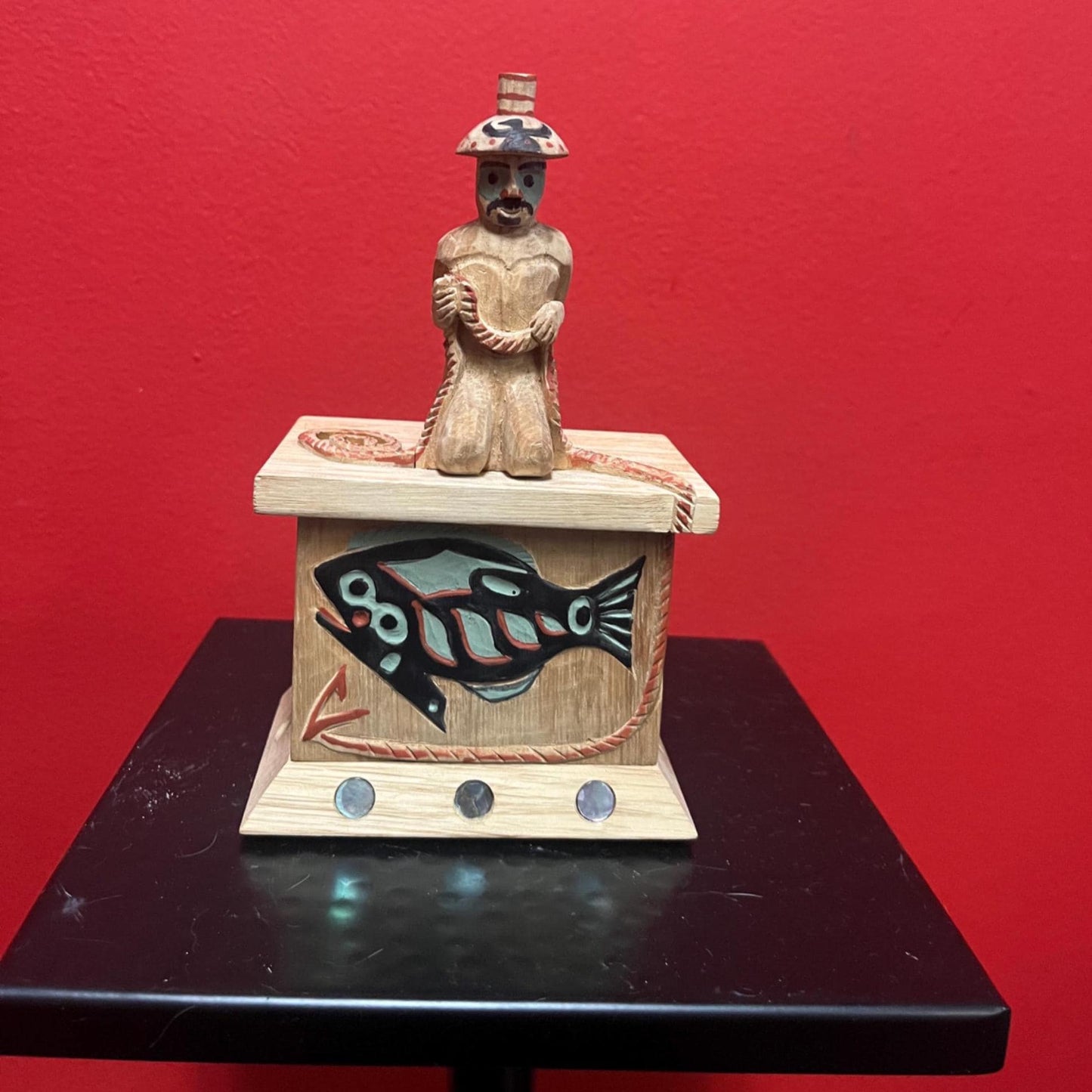 Beautiful indigenous first nations Haida wooden carved and painted box great detail and abalone features 7 x 4 wide