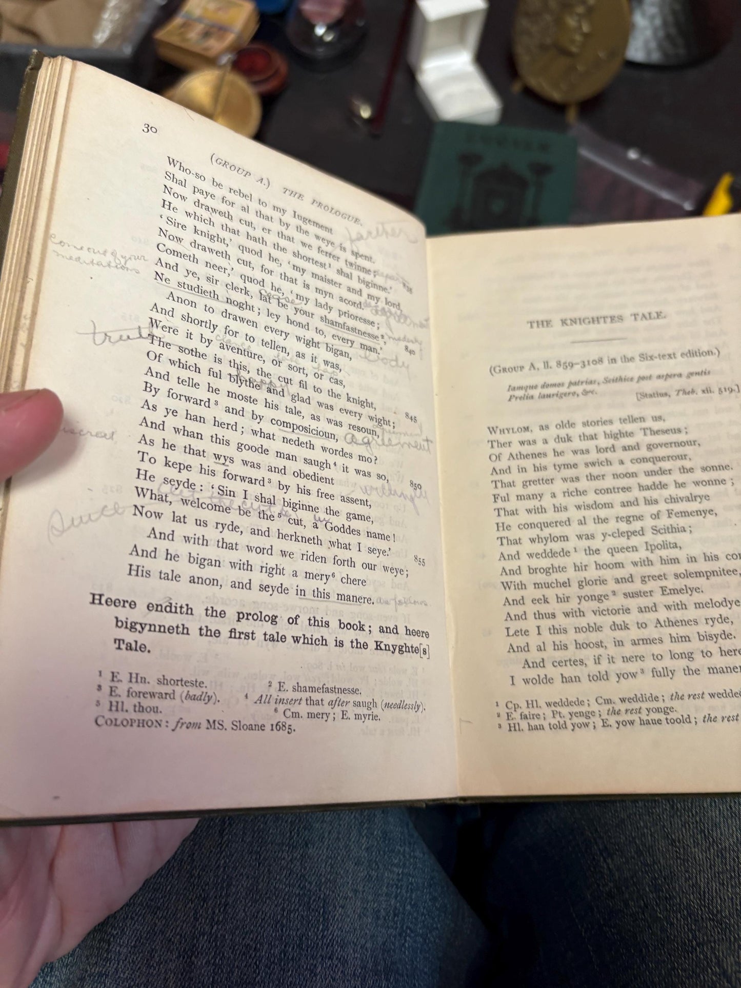 Beautiful antique copy of Chaucer prologue and Knights tale circa 1910 with pencil notes antique condition