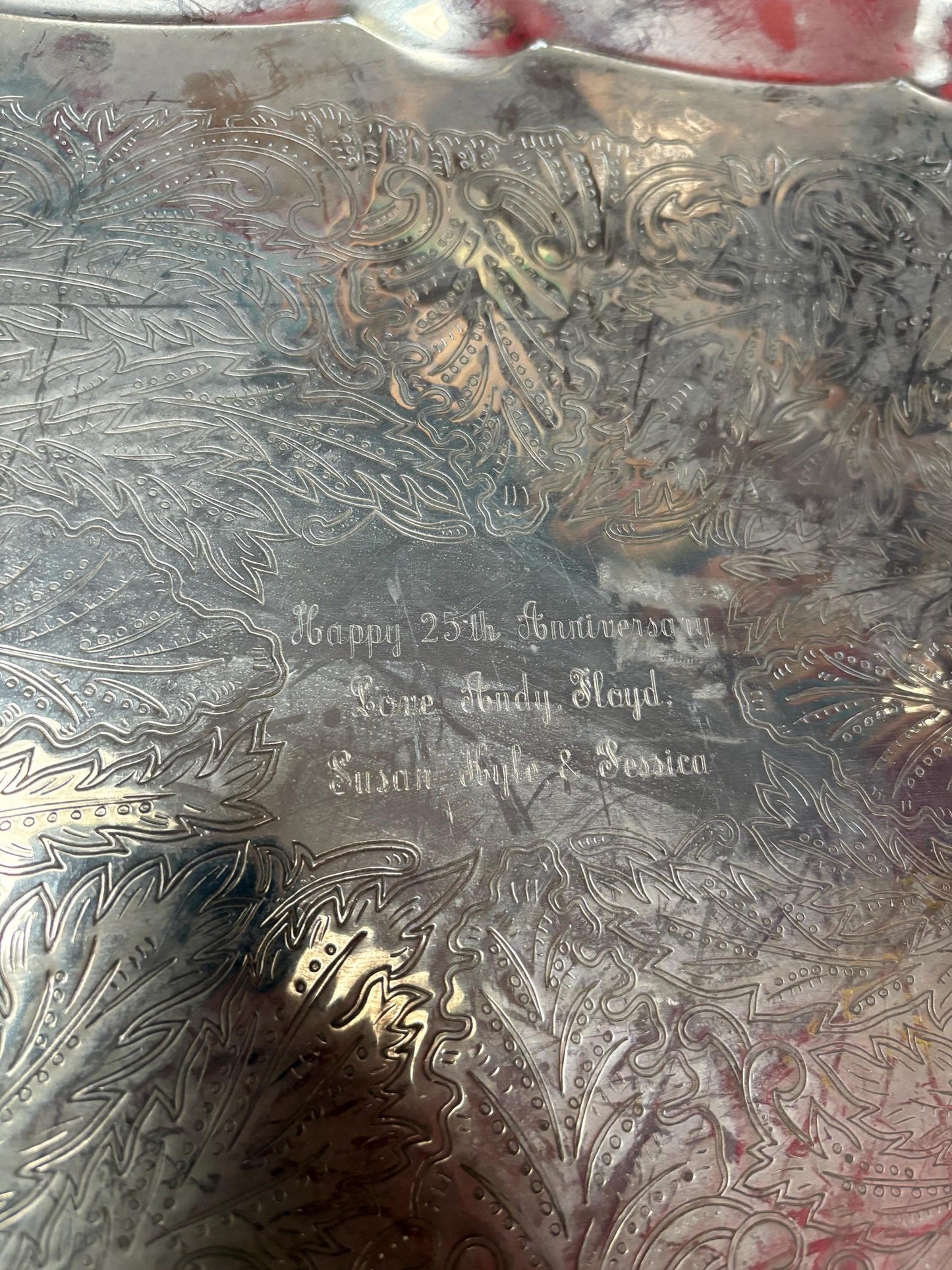 Antique English 2 handled silver plated tray 23 x 13 wide with nice feet free inscription amazing price