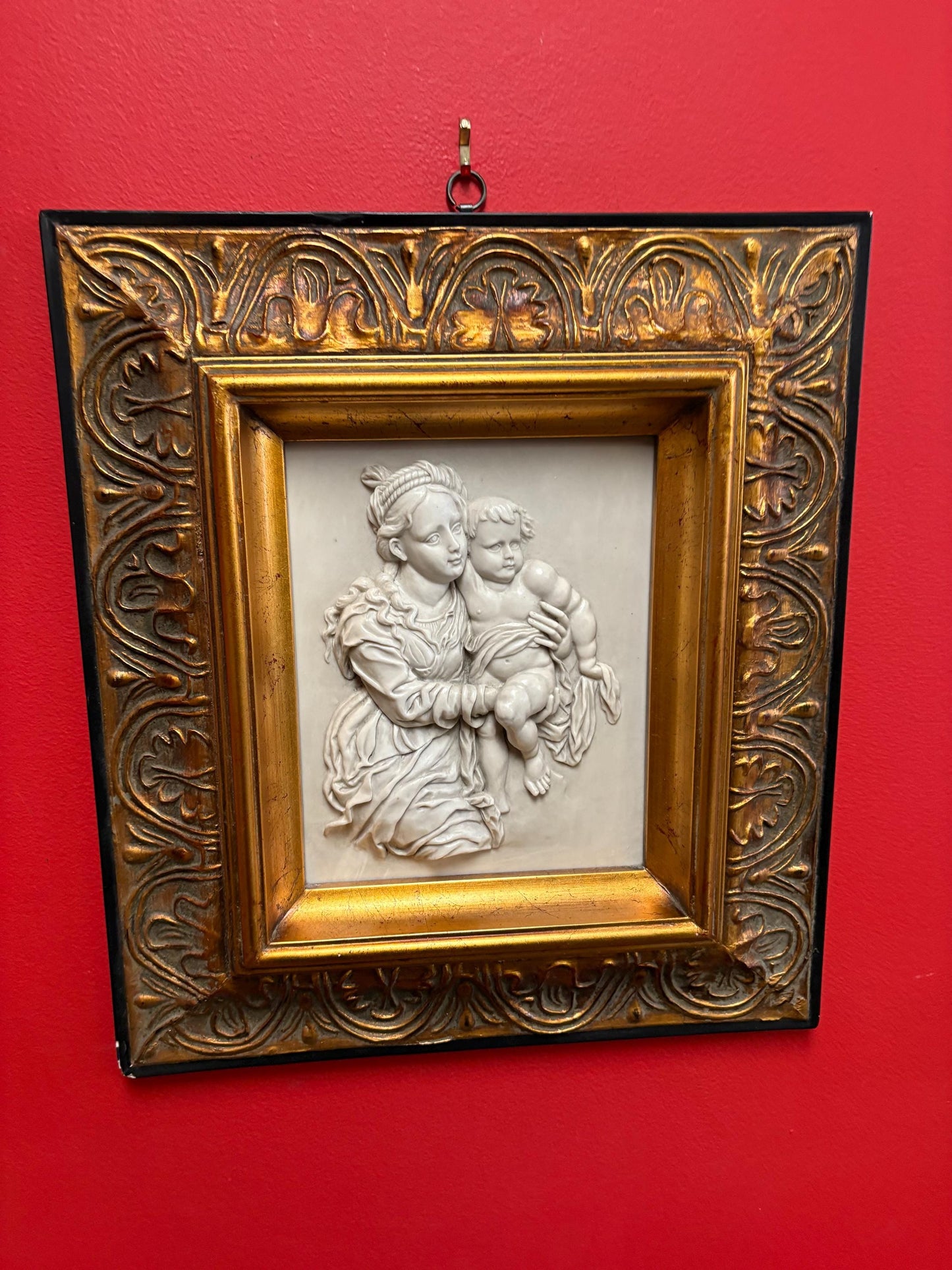 Stunning early Italian 1900s  marble relief of mother and child in gilded wooden frame  exquisite quality  18 x 15 wide great gift  wow