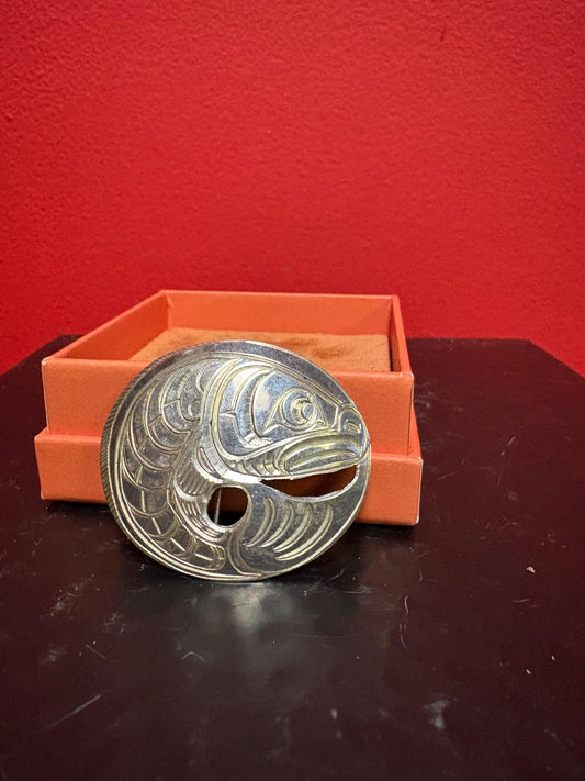 Fabulous indigenous first Nations sterling silver brooch pendant of a jumping salmon  great detail and signed  wonderful image imagery